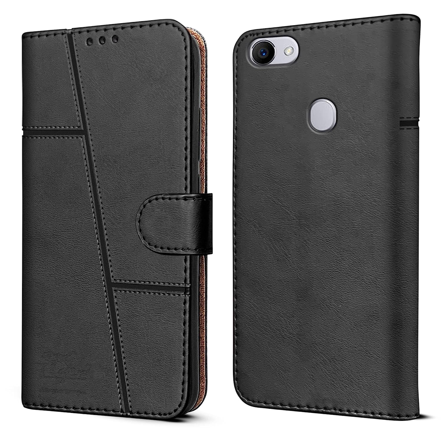 For Oppo F7 Flip Cover Case (Stitched Leather Finish | Magnetic Closure | Inner TPU | Foldable Stand | Wallet Card Slots)