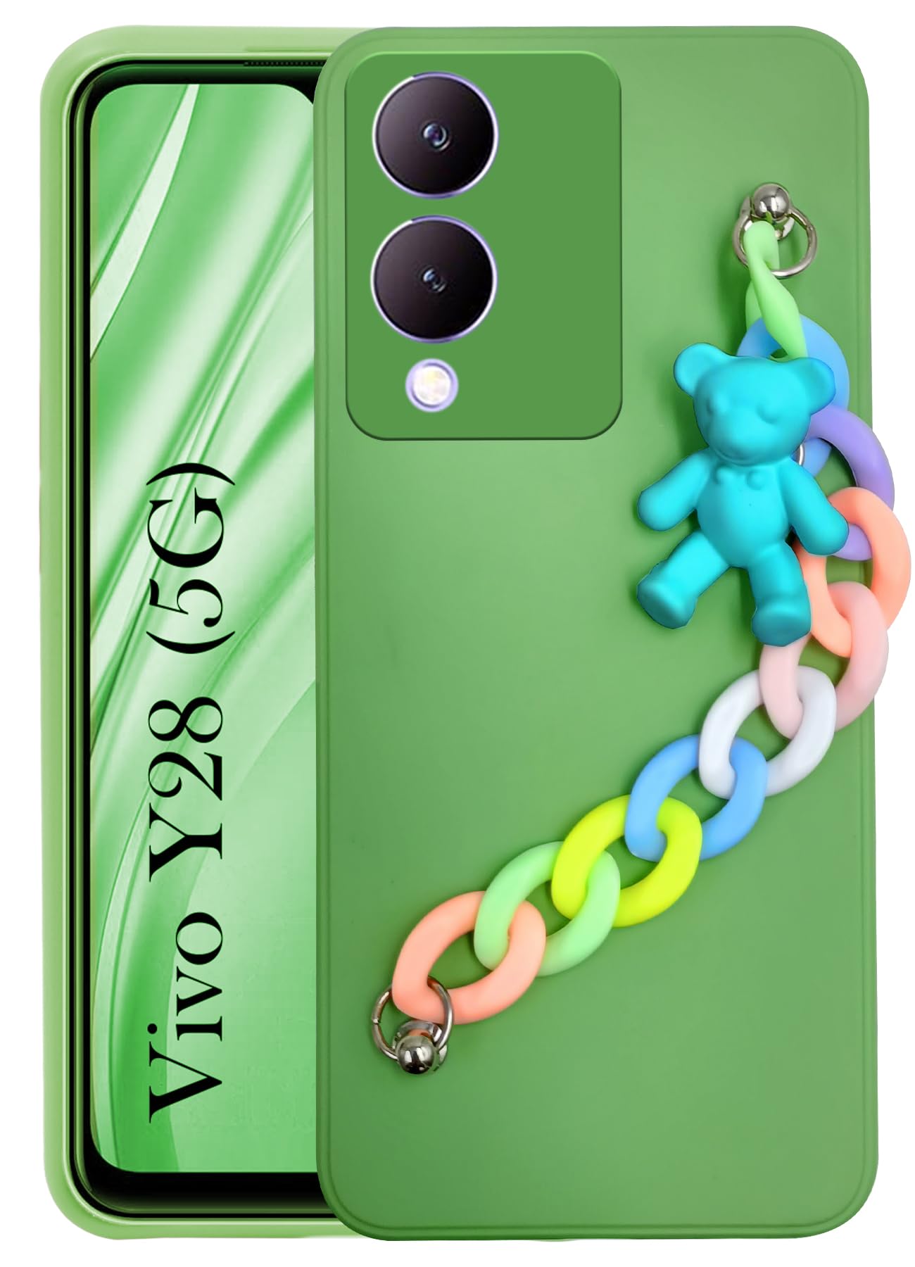 For Vivo Y28 5G Back Cover Girls Case with Bracelet (Wrist Hanging Chain | Teddy Toy Cartoon | Matte Green)