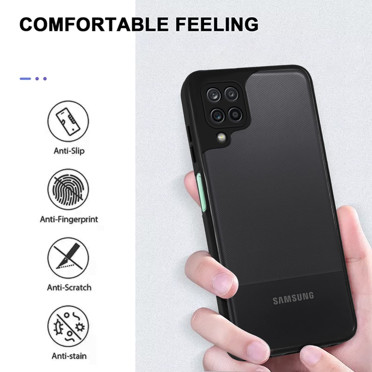 For Samsung Galaxy A12 Back Cover Case (PC - Crystal Clear | Flexible Glass Back | Camera Protection | Airbag Shockproof Grip | Classic Black)