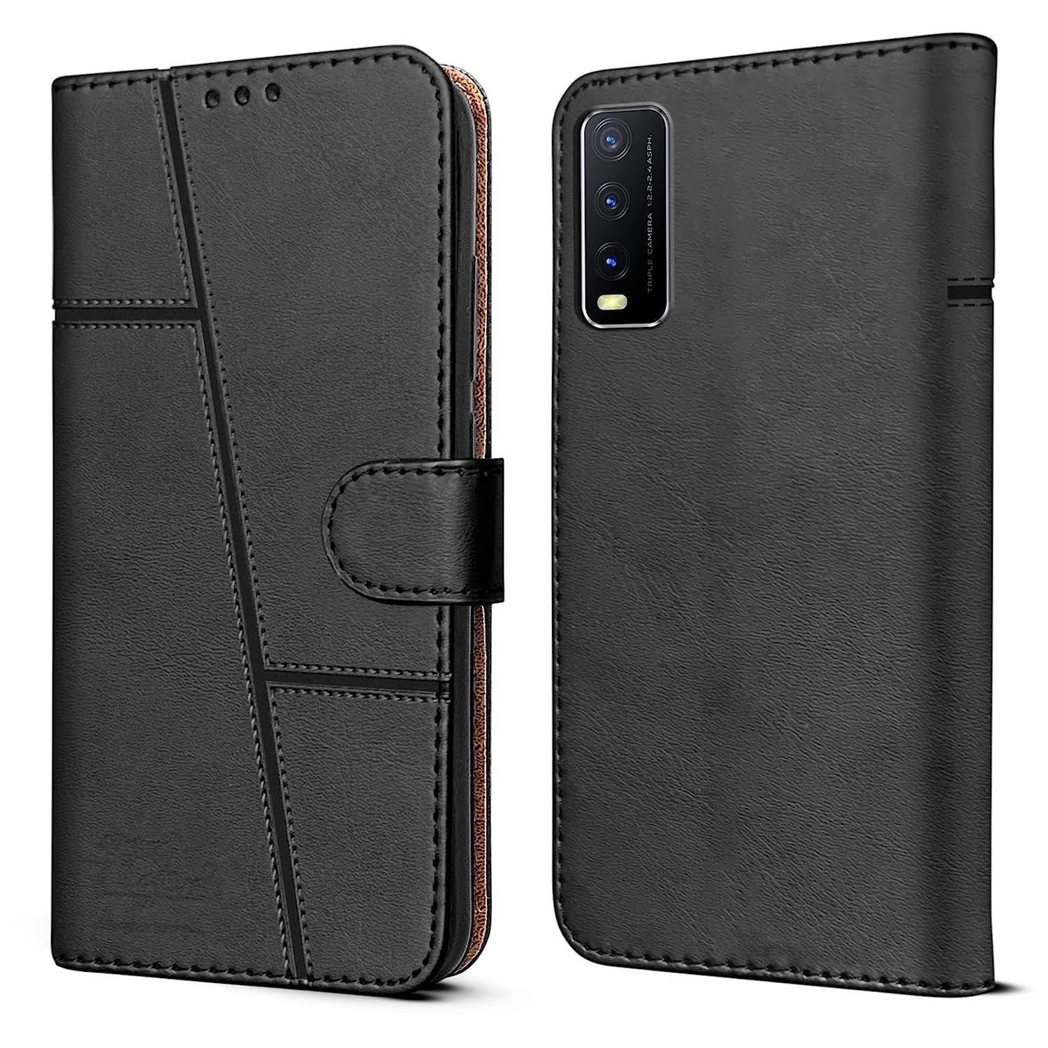 For Vivo Y20 2021 Flip Cover Case (Stitched Leather Finish | Magnetic Closure | Inner TPU | Foldable Stand | Wallet Card Slots | Black)