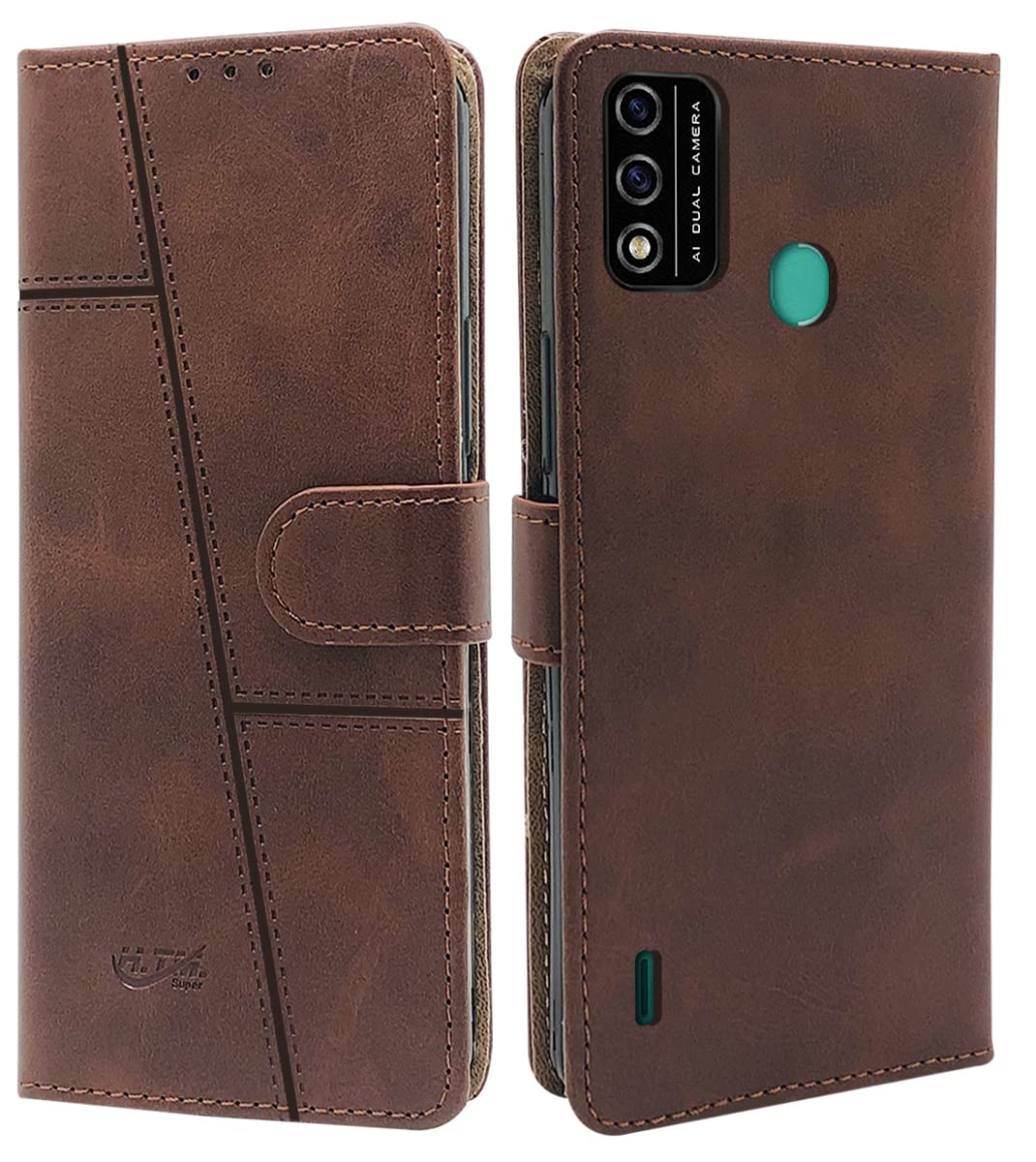 For Itel A48 Flip Cover Case (Stitched Leather Finish | Magnetic Closure | Inner TPU | Foldable Stand | Wallet Card Slots)