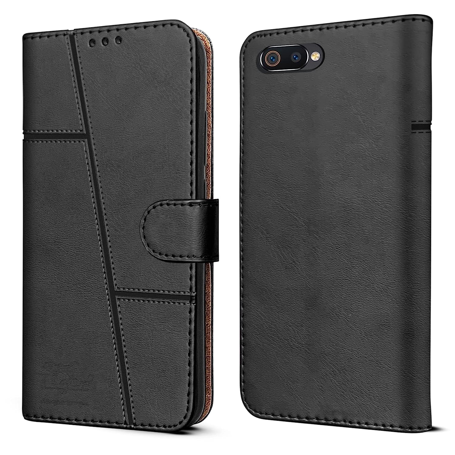 For Realme C2 Flip Cover Case ( Stitched Leather Closure | Black)