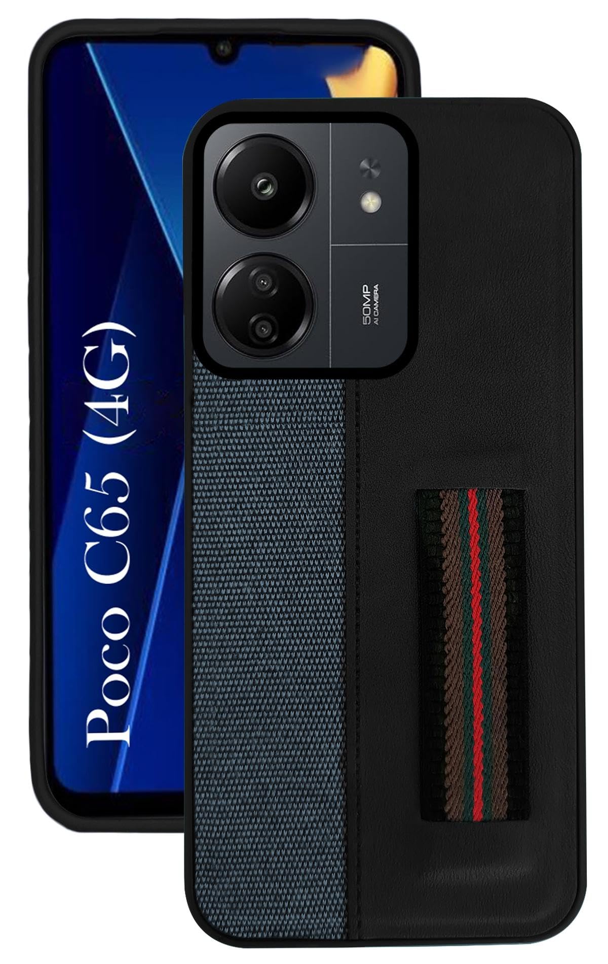 For Poco C65 Back Cover Case (Professional PU Leather | Strip Chain Holder Socket)