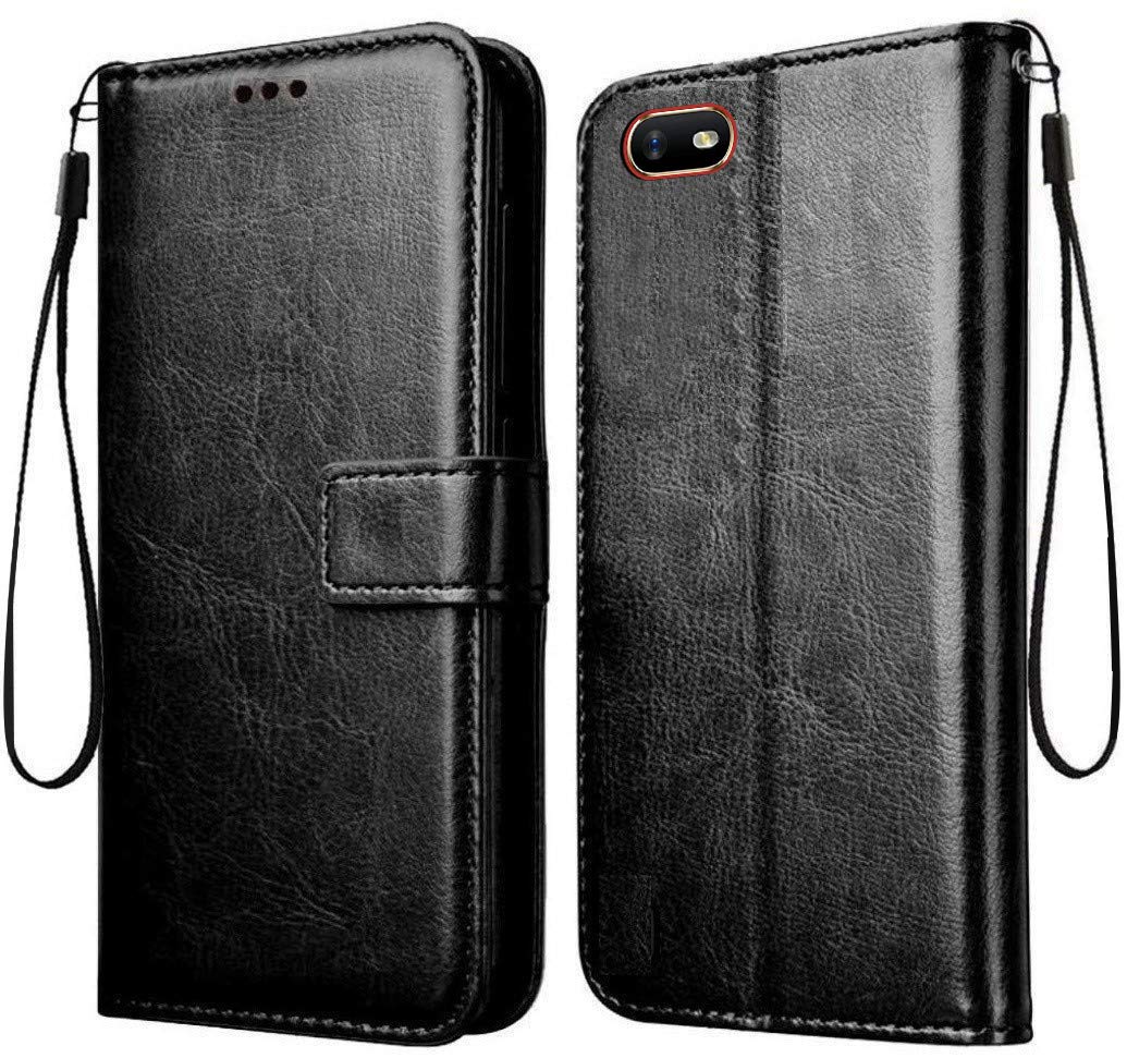 For Oppo A1k Vintage Flip Cover Case Leather | Inner TPU | Foldable Stand | Wallet Card Slots -Black