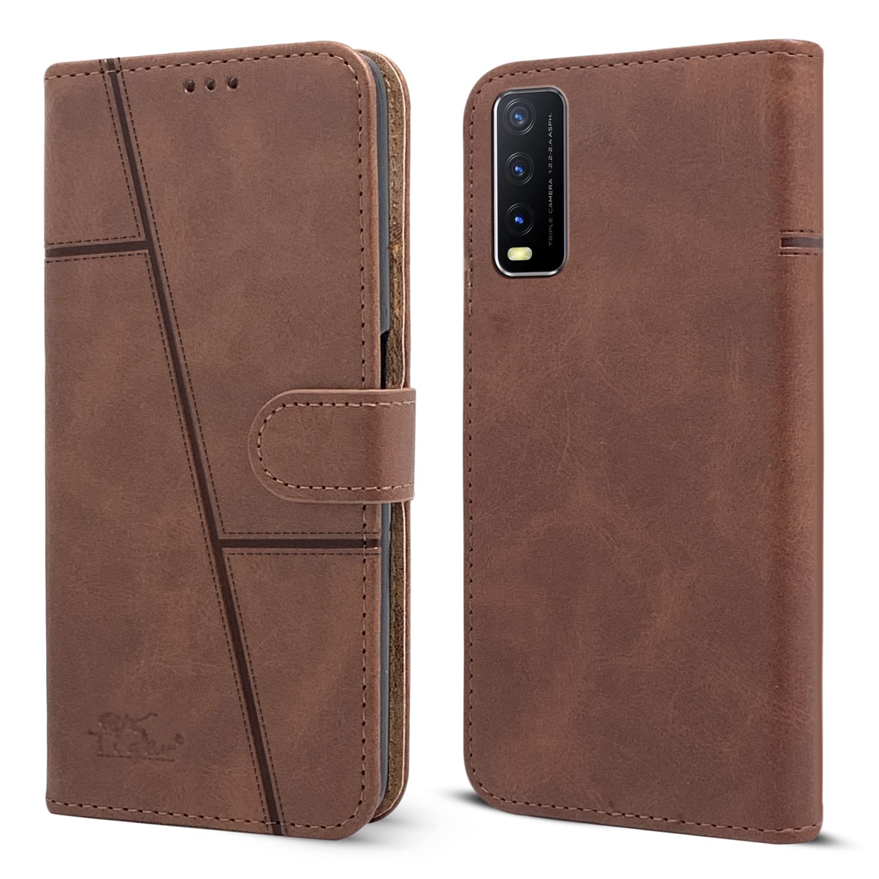For Vivo Y12s | Y12s 2021 Flip Cover Case (Stitched Leather Finish | Magnetic Closure | Inner TPU | Foldable Stand | Wallet Card Slots | Black)