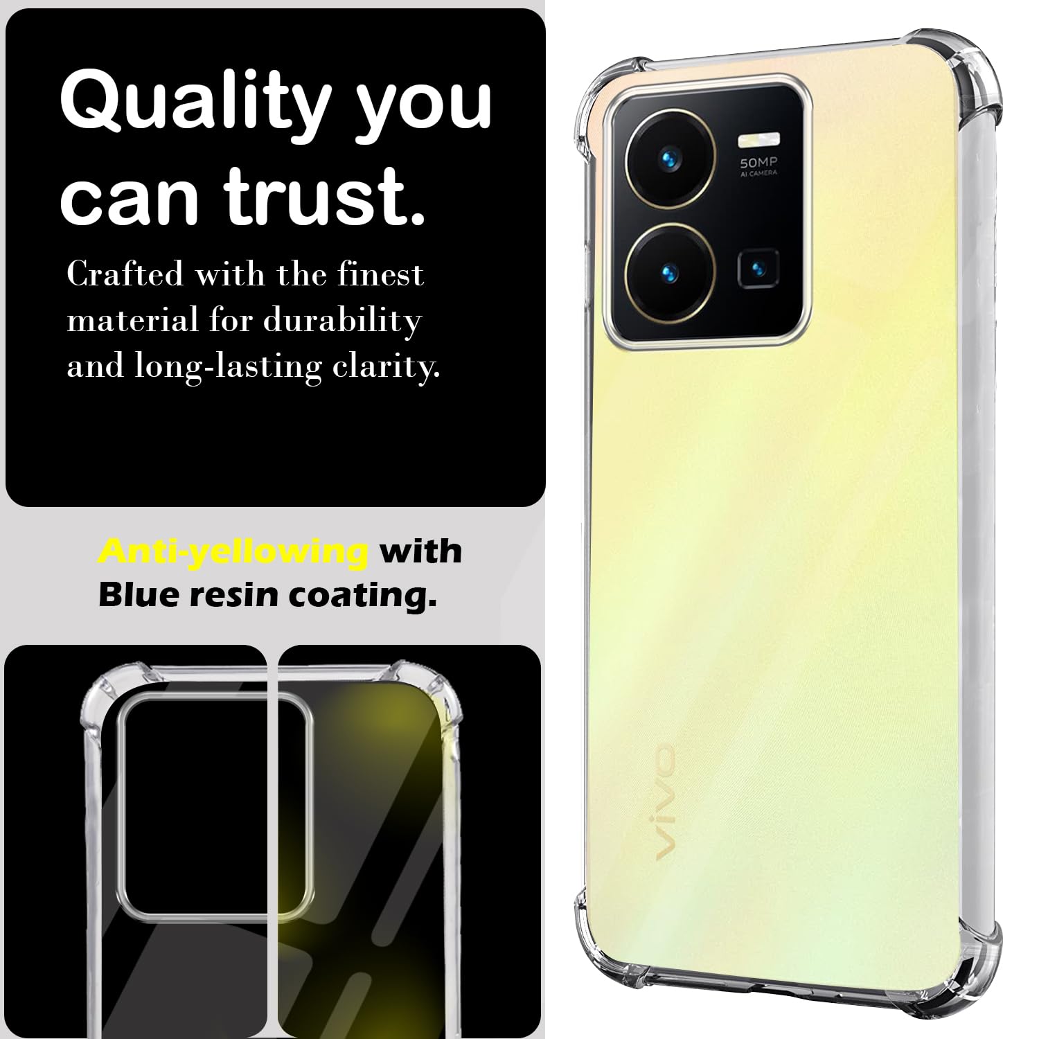 For Vivo Y35 Back Cover Case (Hard Crystal Clear | Shockproof Bumpers)
