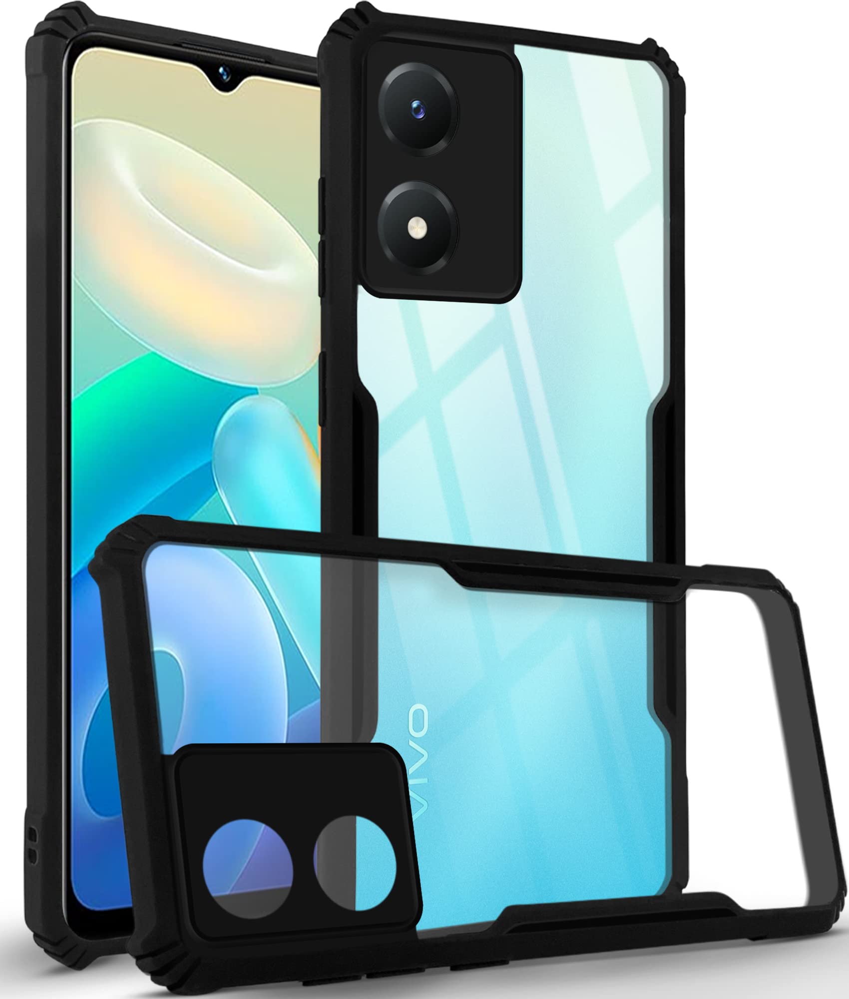 For Vivo Y02s Back Cover Case (Shockproof with Polycarbonate Clear Panel)