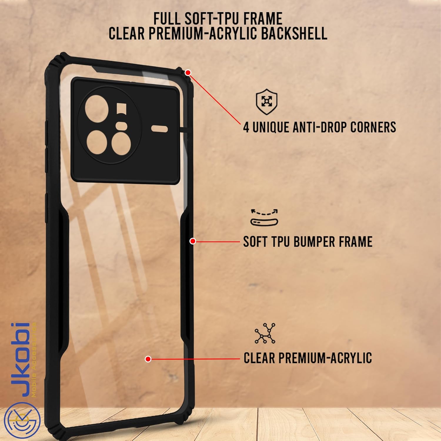 For Vivo X80 Back Cover Case (Shockproof with Polycarbonate Clear Panel | Professional Black)