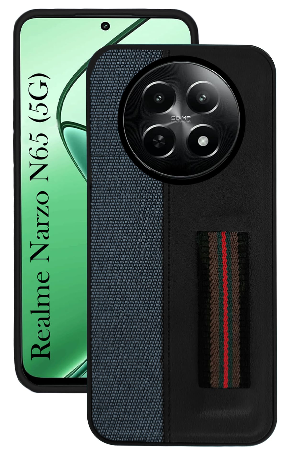 For Realme Narzo N65 5G Back Cover Case ( Professional PU Leather | Strip Chain Holder Socket | Black )