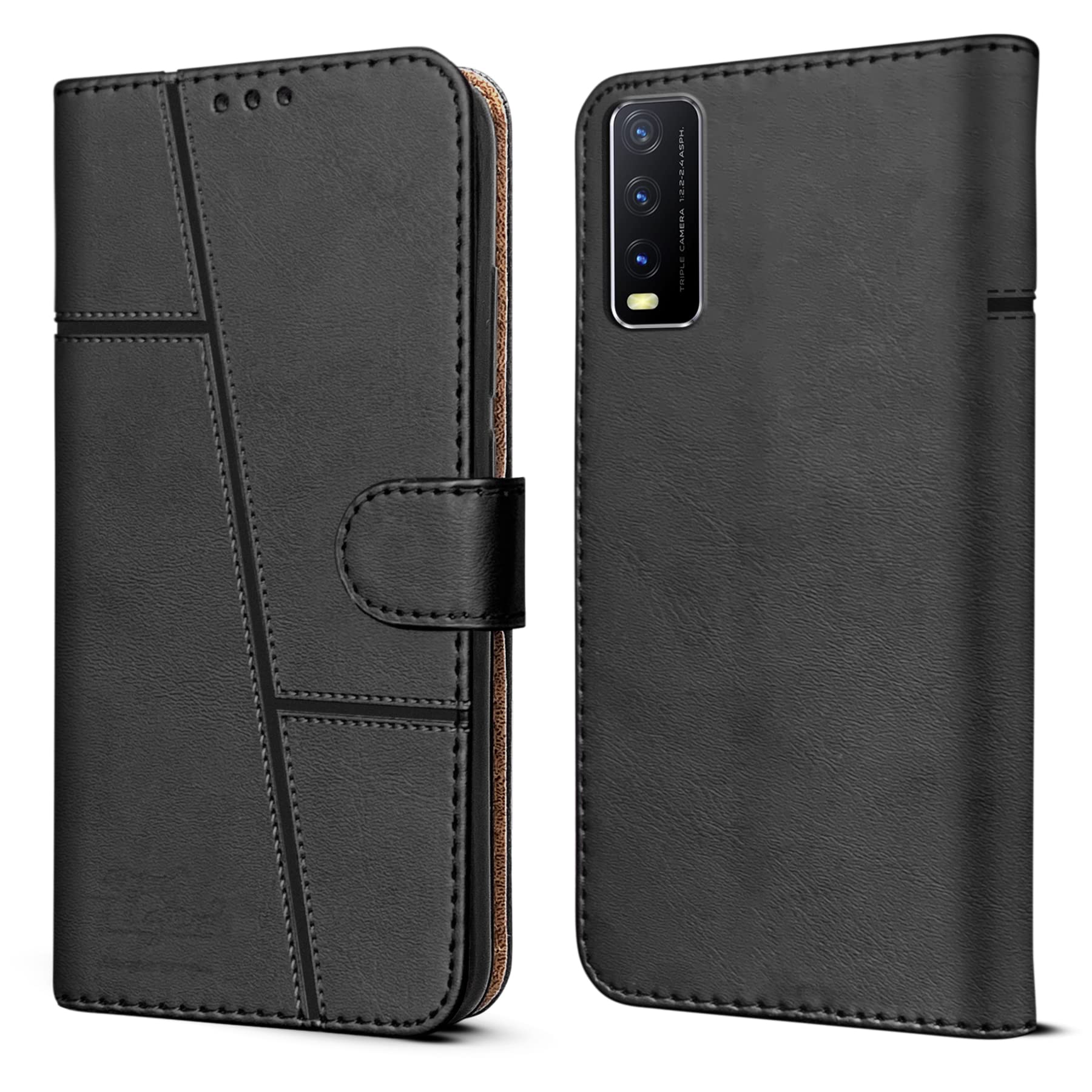 For Vivo Y20A | Y20T | Y20G Flip Cover Case (Stitched Leather Finish | Magnetic Closure | Inner TPU | Foldable Stand | Wallet Card Slots)