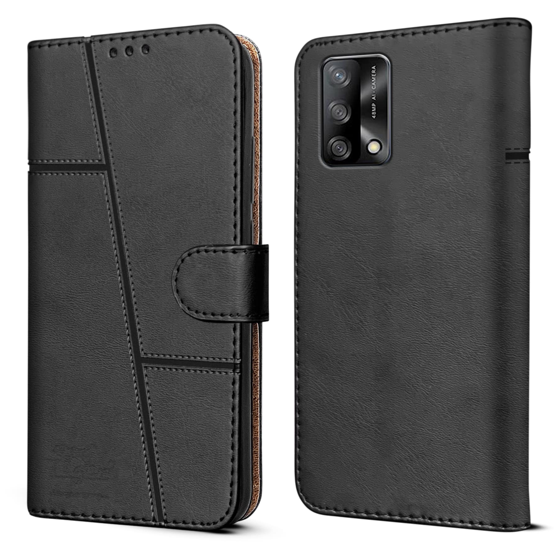 For Oppo F19 | F19s Flip Cover Case (Stitched Leather Finish | Magnetic Closure | Inner TPU | Foldable Stand | Wallet Card Slots)