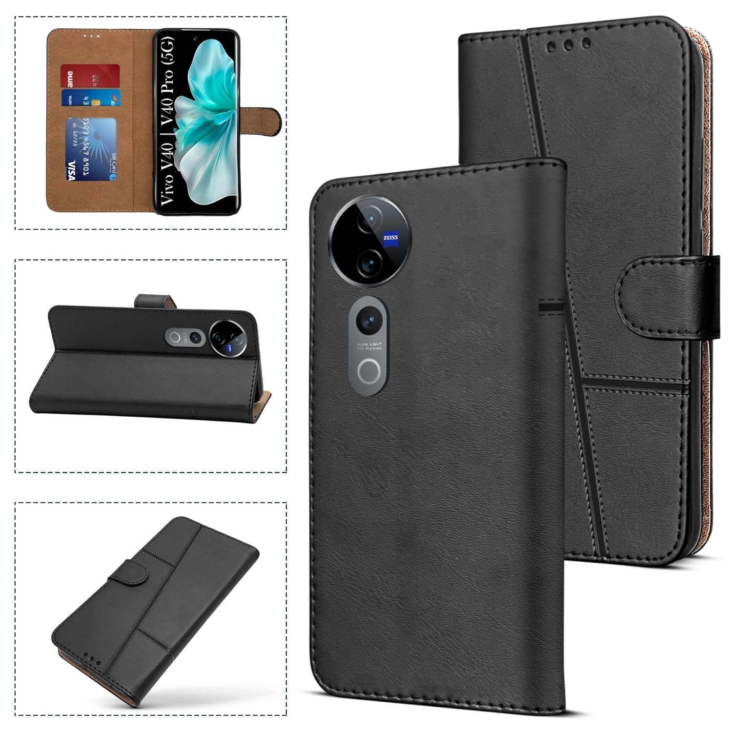 For Vivo V40 | Vivo V40 Pro 5G Flip Cover Case (Stitched Leather with Magnetic Closure)