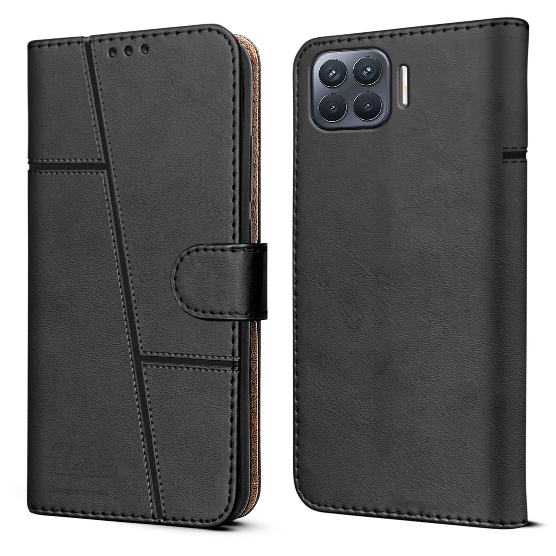 For Oppo Reno 4F Flip Cover Case (Stitched Leather Finish | Magnetic Closure | Inner TPU | Foldable Stand | Wallet Card Slots)