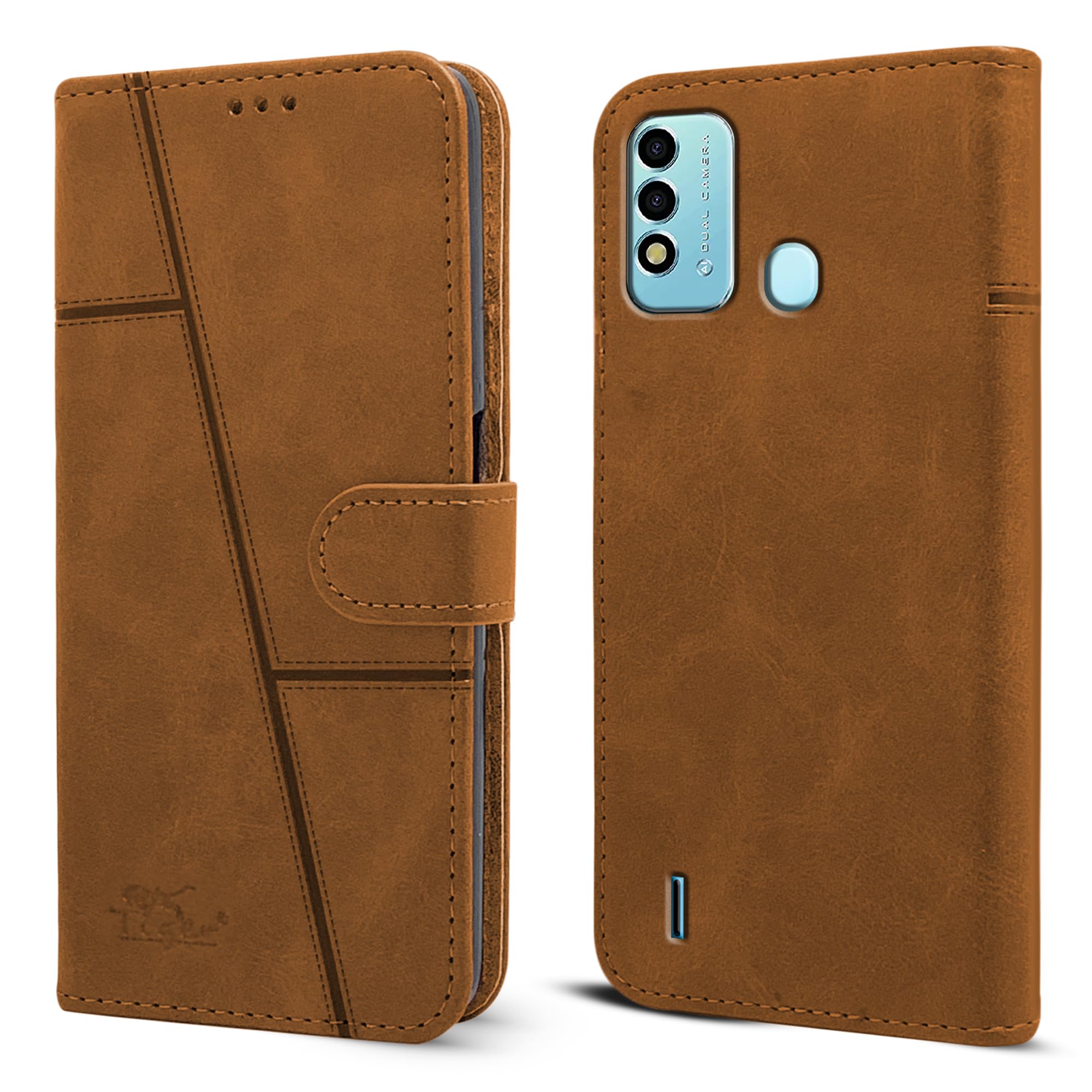 For Itel Vision 2s Flip Cover Case (Stitched Leather Finish | Magnetic Closure | Inner TPU | Foldable Stand | Wallet Card Slots)