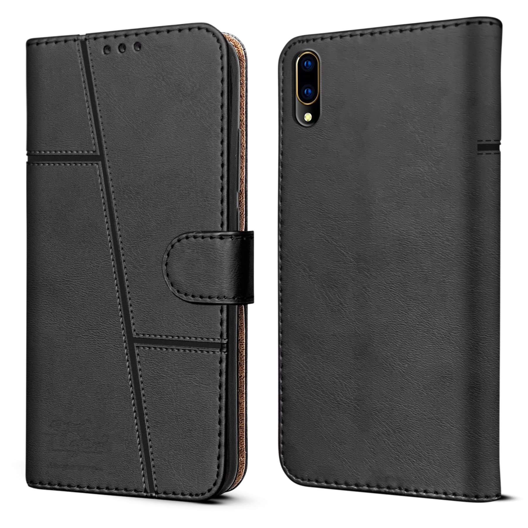 For Vivo V11 Pro Flip Cover Case (Stitched Leather Finish | Magnetic Closure | Inner TPU | Foldable Stand | Wallet Card Slots)