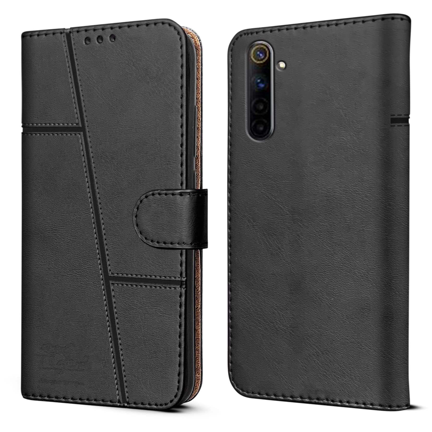 For Realme 6i Flip Cover Case ( Stitched Leather Finish | Magnetic Closure | Wallet Card Slots)