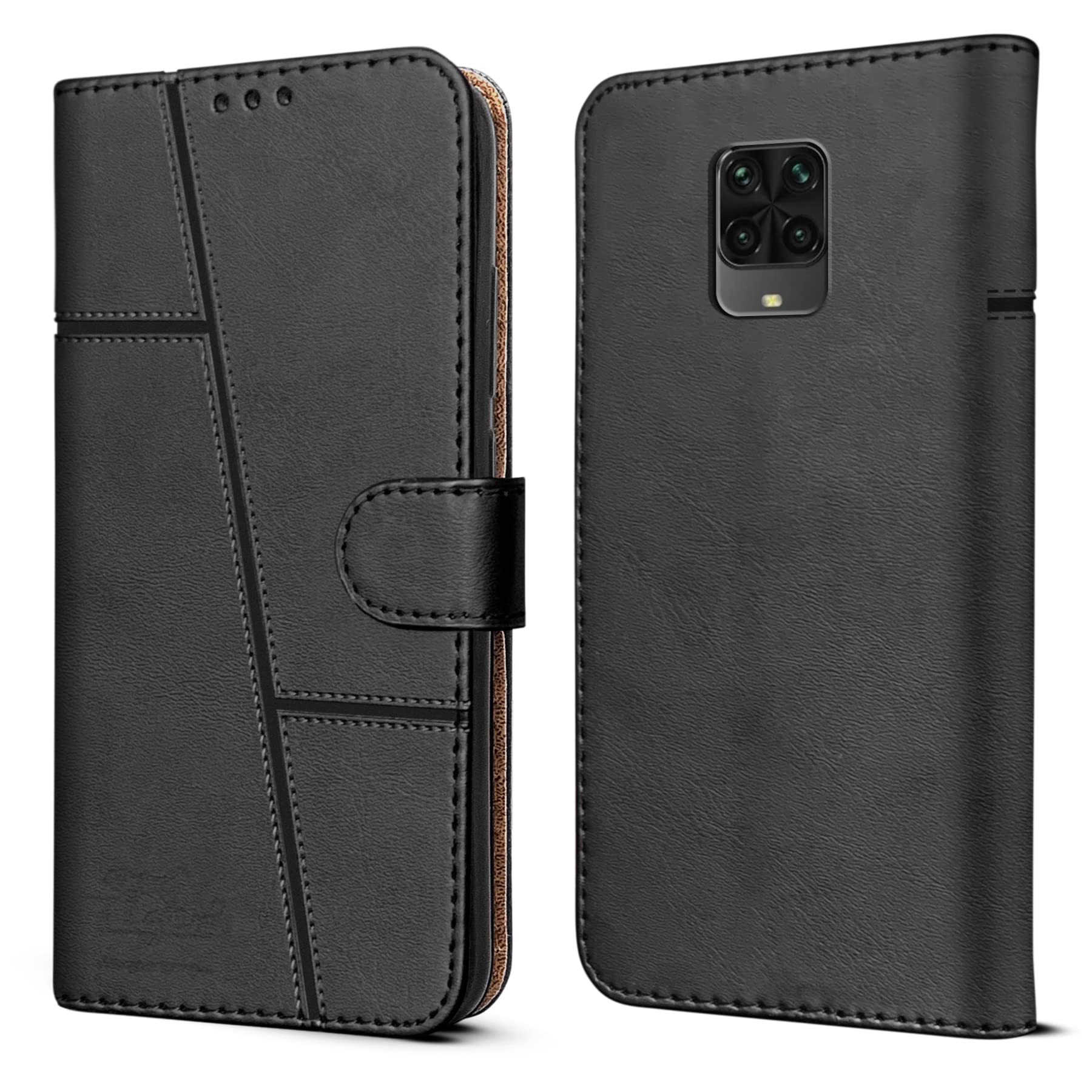 For Poco M2 Pro Flip Cover Case (Stitched Leather Finish | Magnetic Closure | Inner TPU | Foldable Stand | Wallet Card Slots | Black)