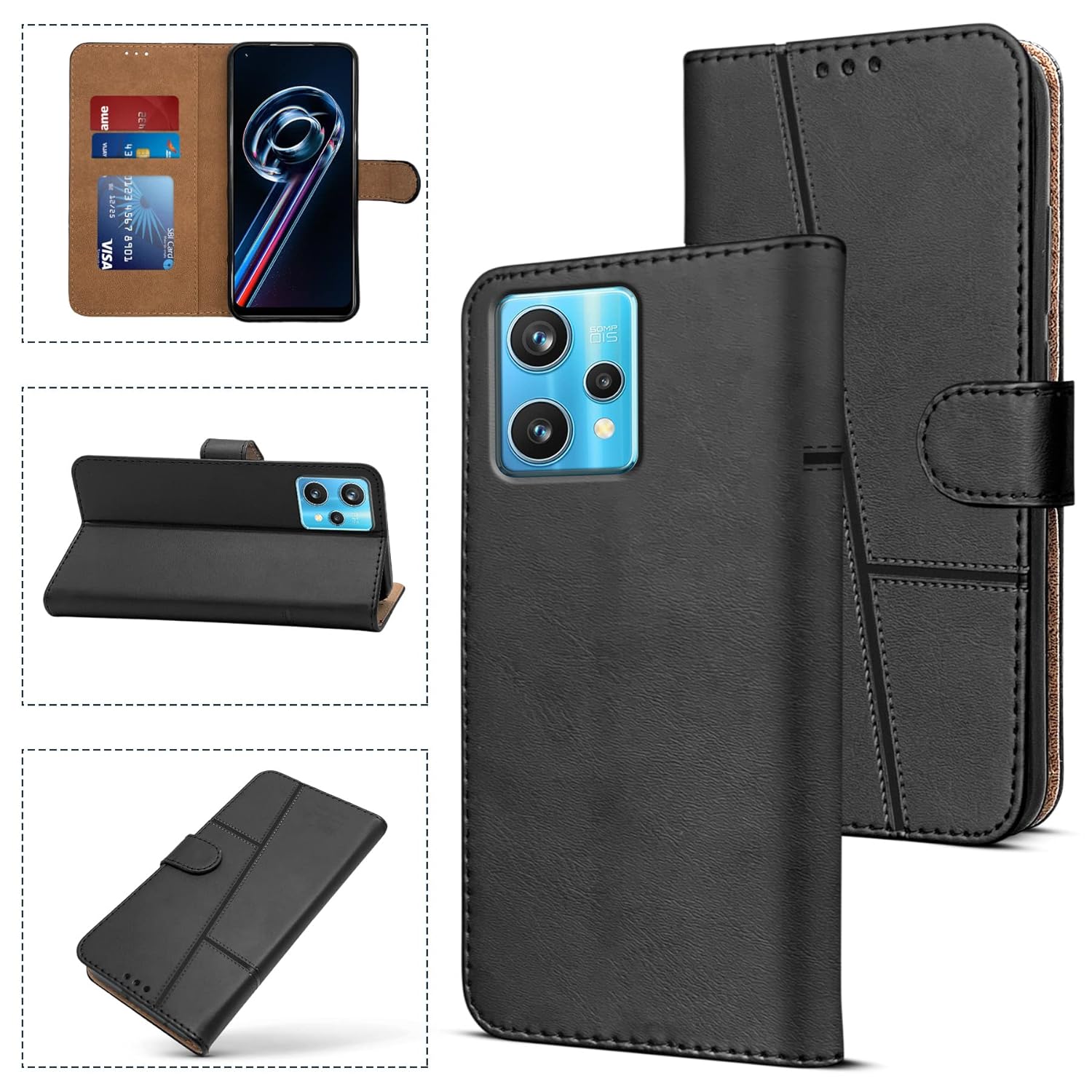 For Realme 9 Pro Plus | Realme 9 4G Flip Cover Case (Stitched Leather Finish | Magnetic Closure | Inner TPU | Foldable Stand | Wallet Card Slots)