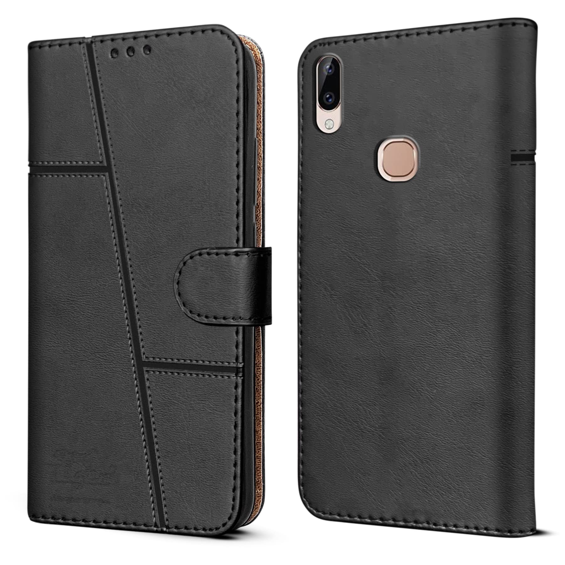 For Vivo Y83 Pro | Y89 Flip Cover Case (Stitched Leather Finish | Magnetic Closure | Inner TPU | Foldable Stand | Wallet Card Slots)