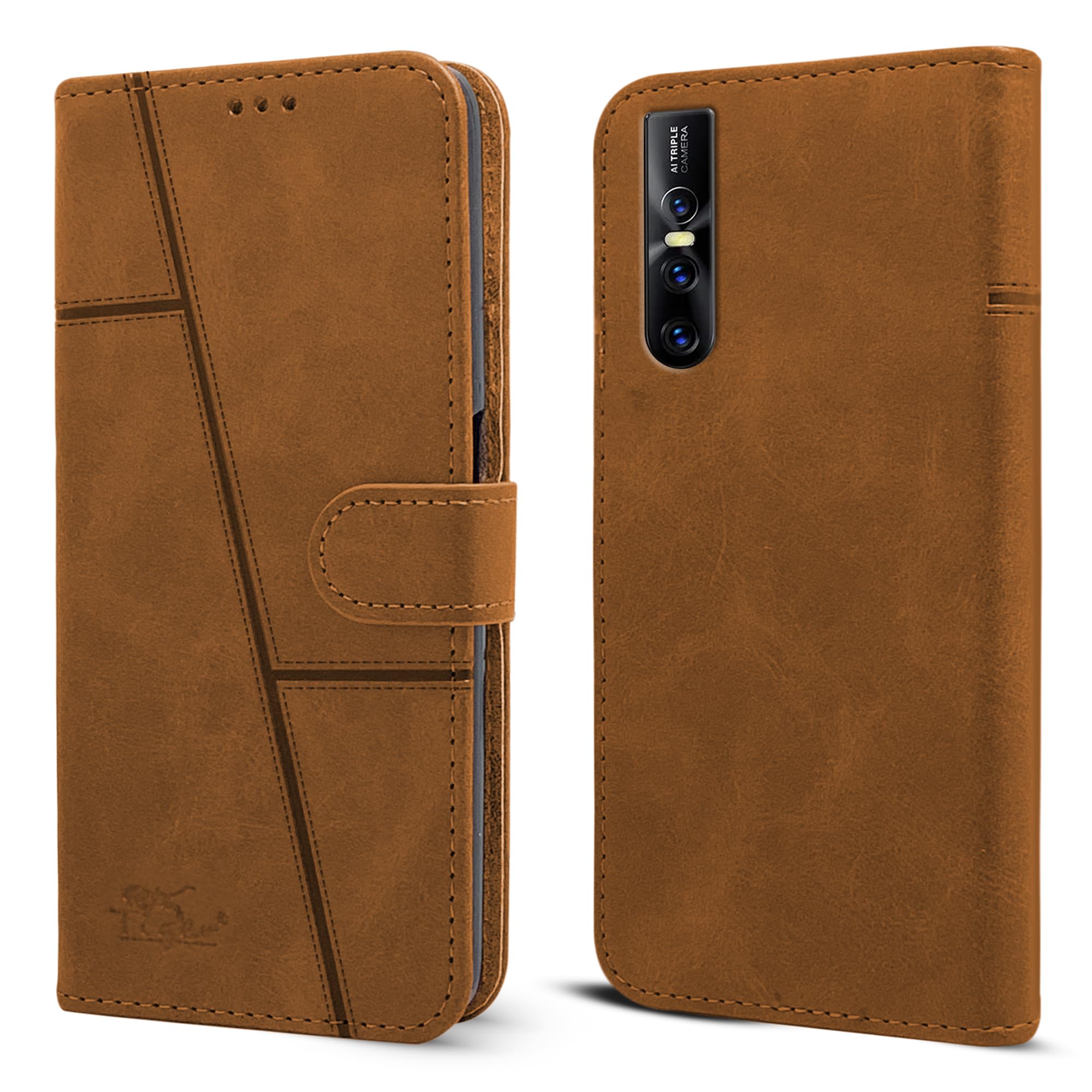 For Vivo V15 Pro Flip Cover Case (Stitched Leather with Magnetic Closure)