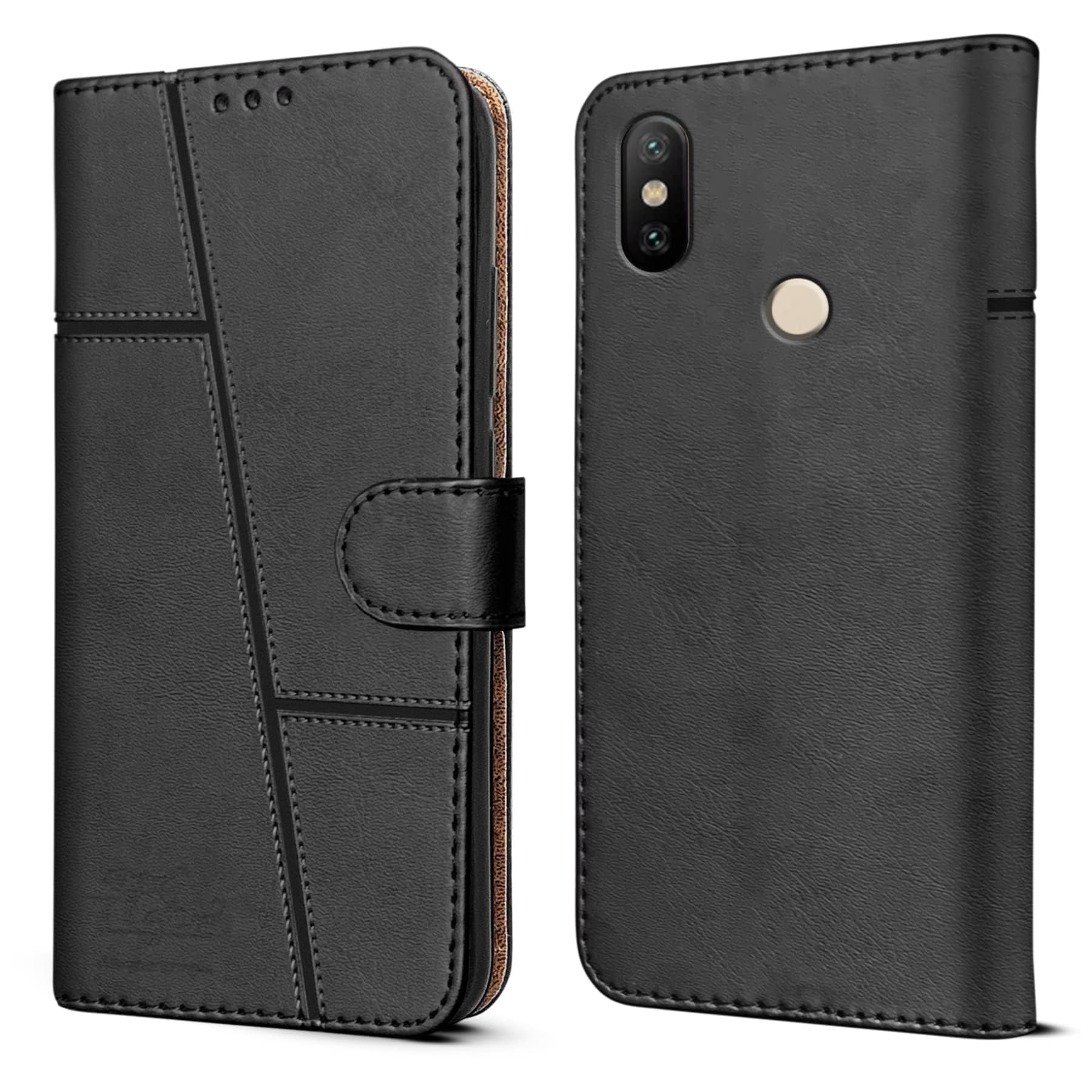 For Xiaomi Mi A2 Flip Cover Case ( Stitched Leather with Magnetic Closure | Black)