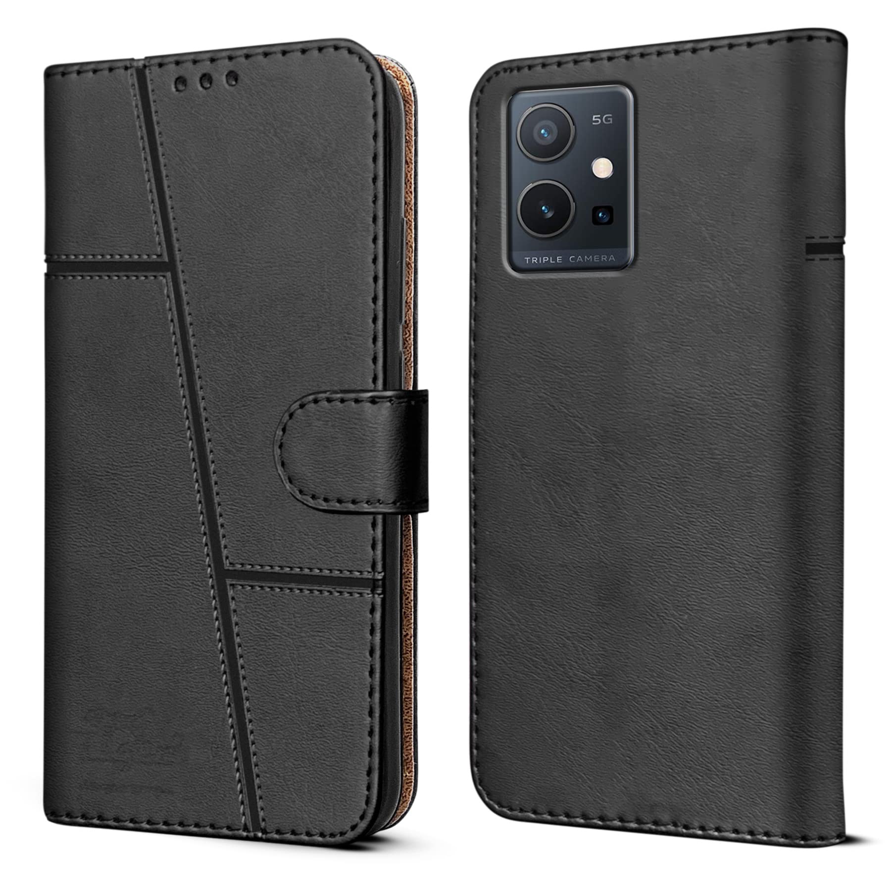 For Vivo T1 5G Flip Cover Case (Stitched Leather Finish | Magnetic Closure | Inner TPU | Wallet Card Slots)