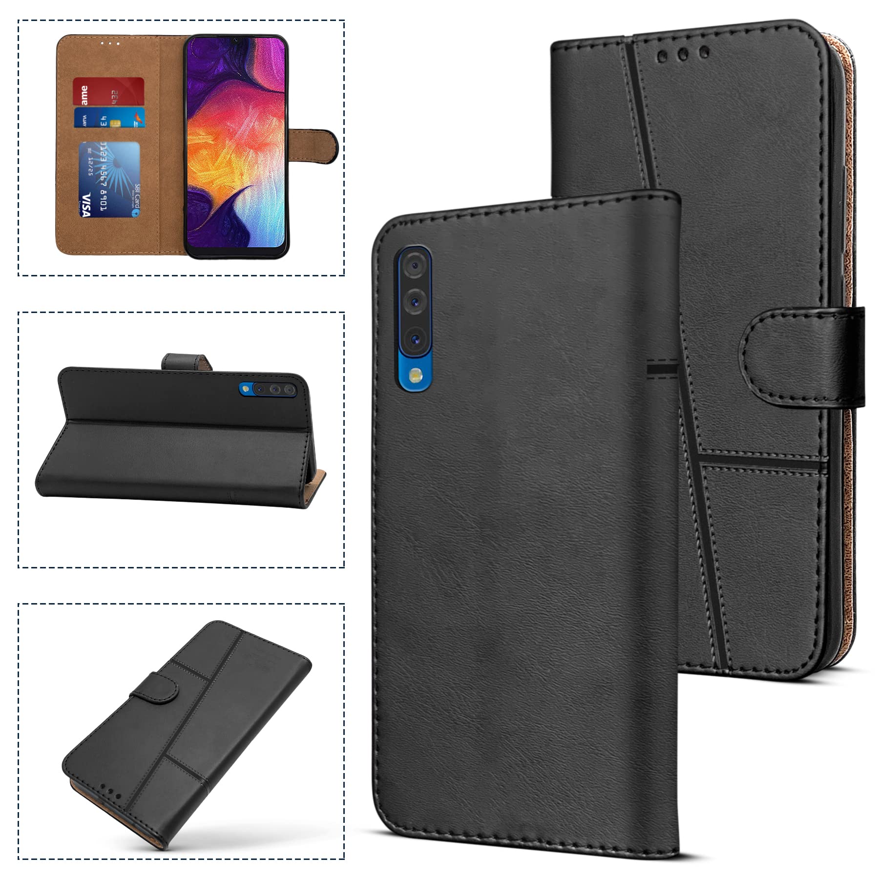 For Samsung Galaxy A30s Flip Cover Case (Stitched Leather Finish | Magnetic Closure | Inner TPU | Foldable Stand | Wallet Card Slots)