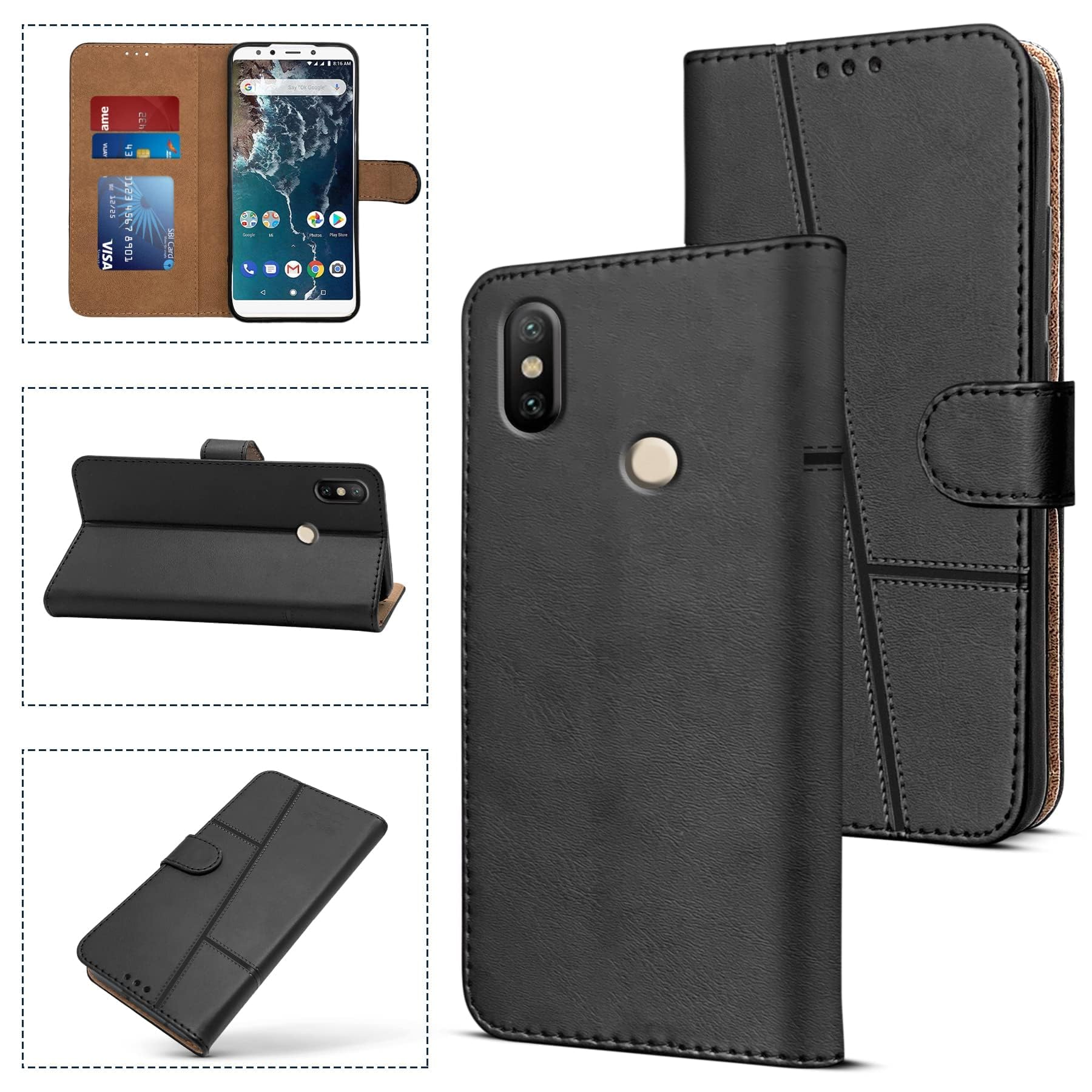 For Xiaomi Mi A2 Flip Cover Case ( Stitched Leather with Magnetic Closure | Black)