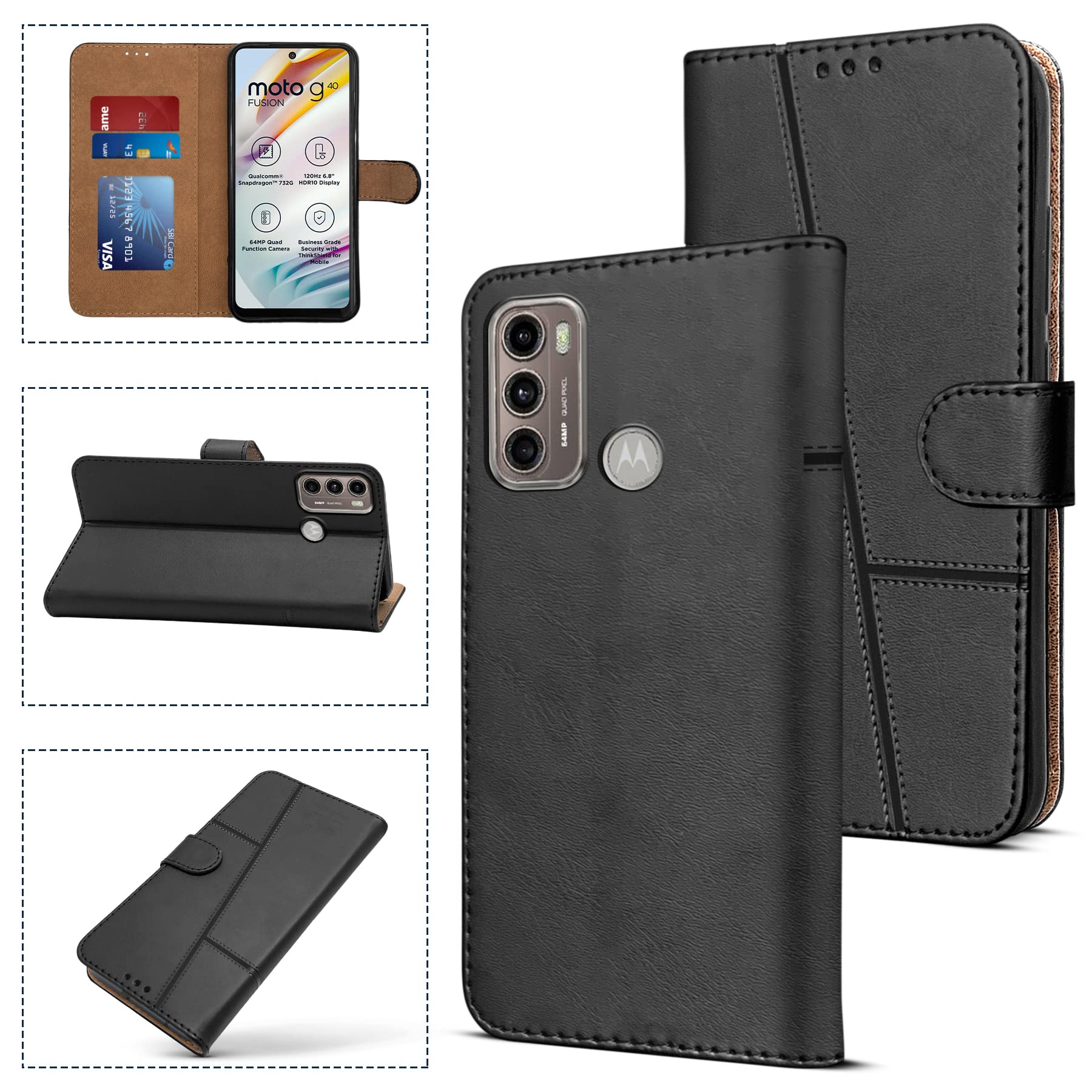 For Moto G40 Fusion | G60 Flip Cover Case (Stitched Leather Finish | Magnetic Closure | Inner TPU | Foldable Stand | Wallet Card Slots)