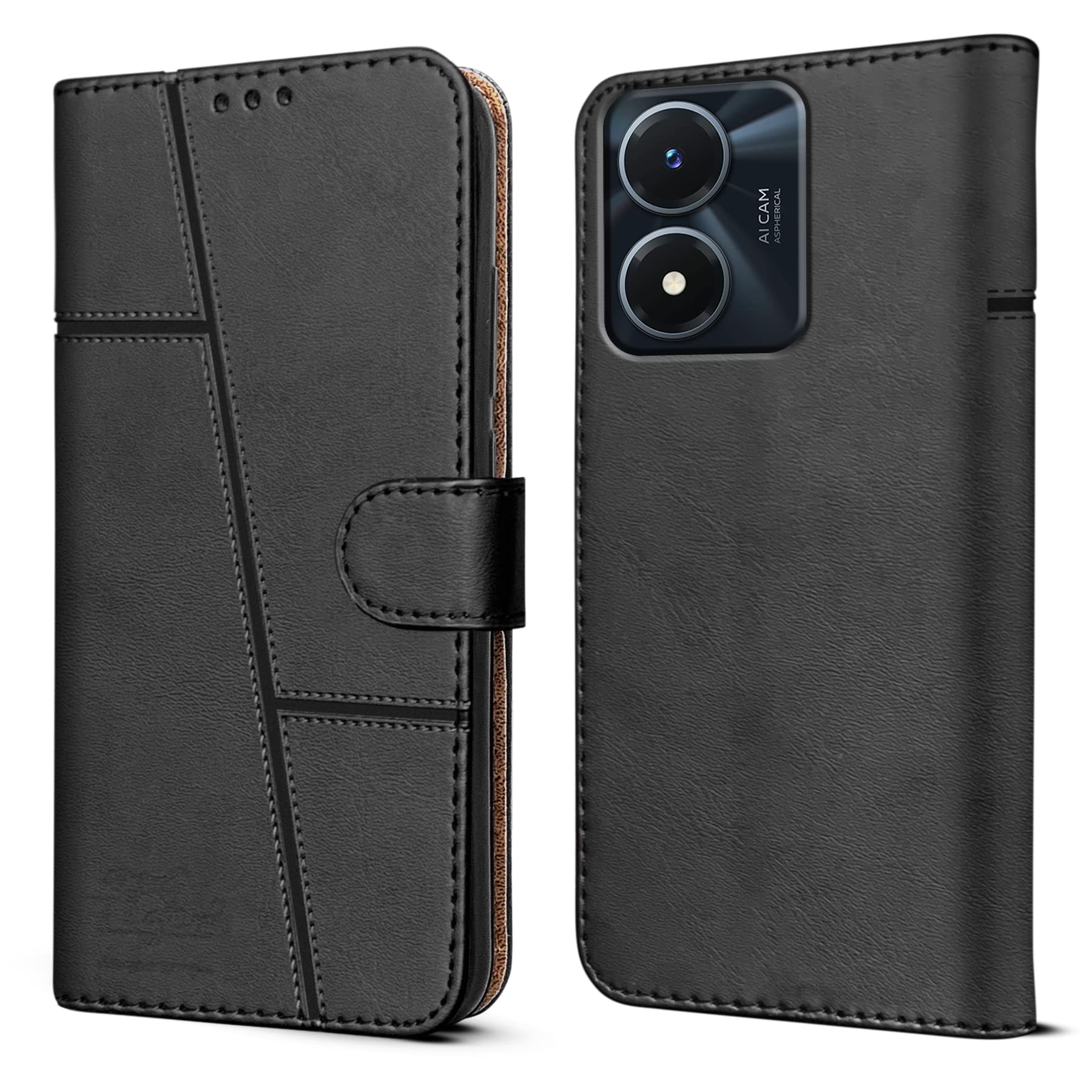 For Vivo Y02s Flip Cover Case (Stitched Leather Finish | Magnetic Closure | Inner TPU | Foldable Stand | Wallet Card Slots)