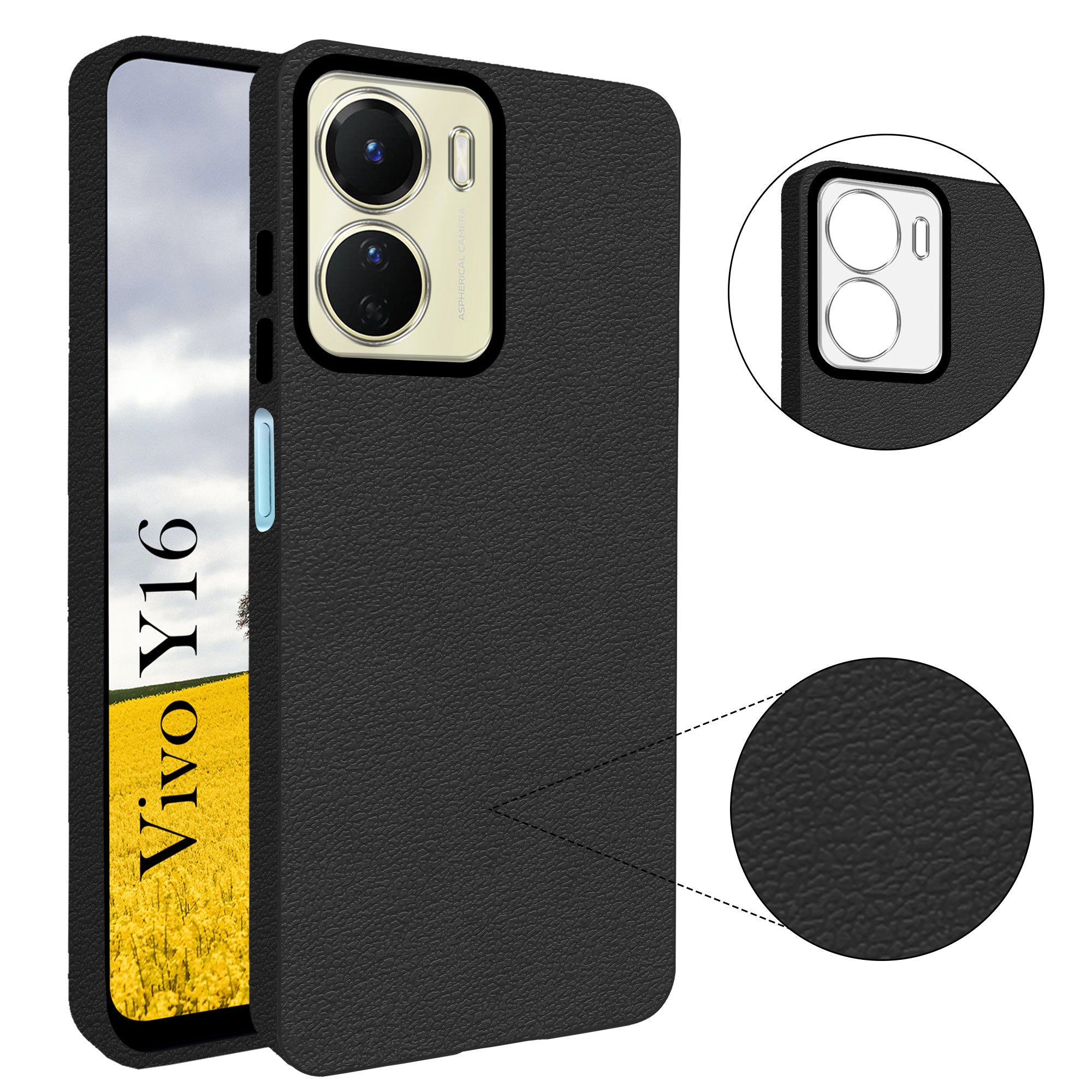 For Vivo Y16 Back Cover Case (Glass Like Camera Protection | Leather Feel | Minimalist Professional Grip)