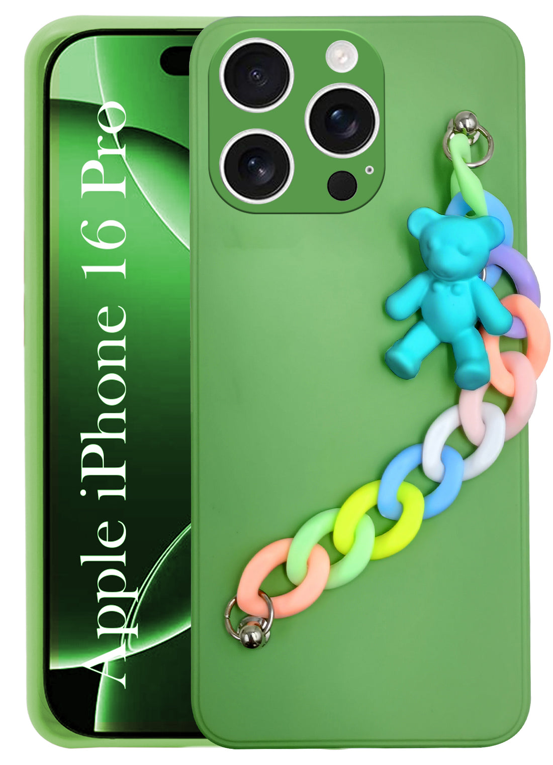 For Apple iPhone 16 Pro Girls Case Cover with Bracelet (Wrist Hanging Chain | Teddy Toy Cartoon)