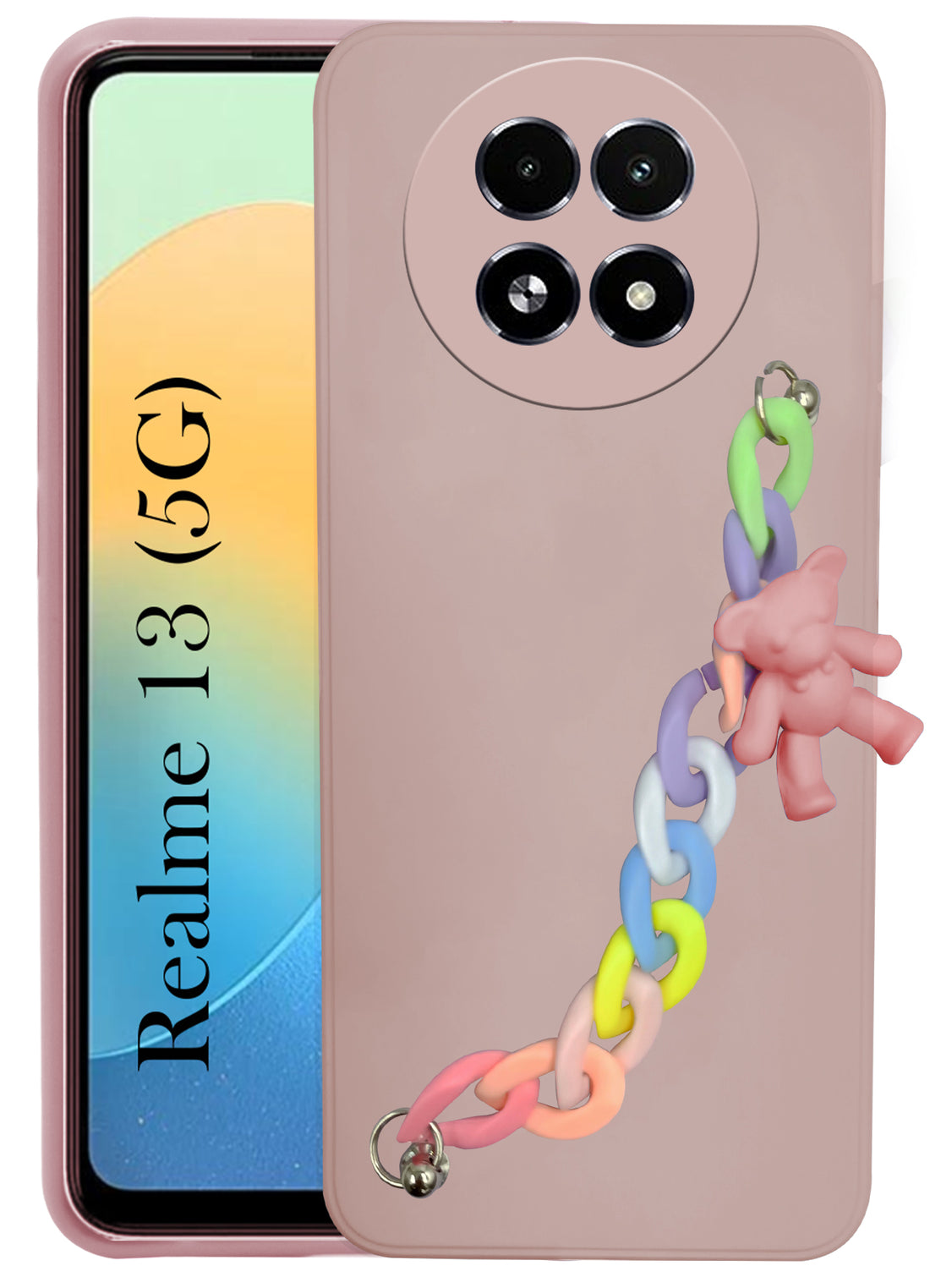 For Realme 13 Back Cover Girls Case with Bracelet (Wrist Hanging Chain | Teddy Toy Cartoon)