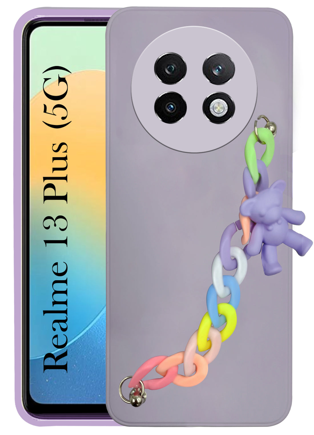 For Realme 13 Plus Back Cover Girls Case with Bracelet (Wrist Hanging Chain | Teddy Toy Cartoon)