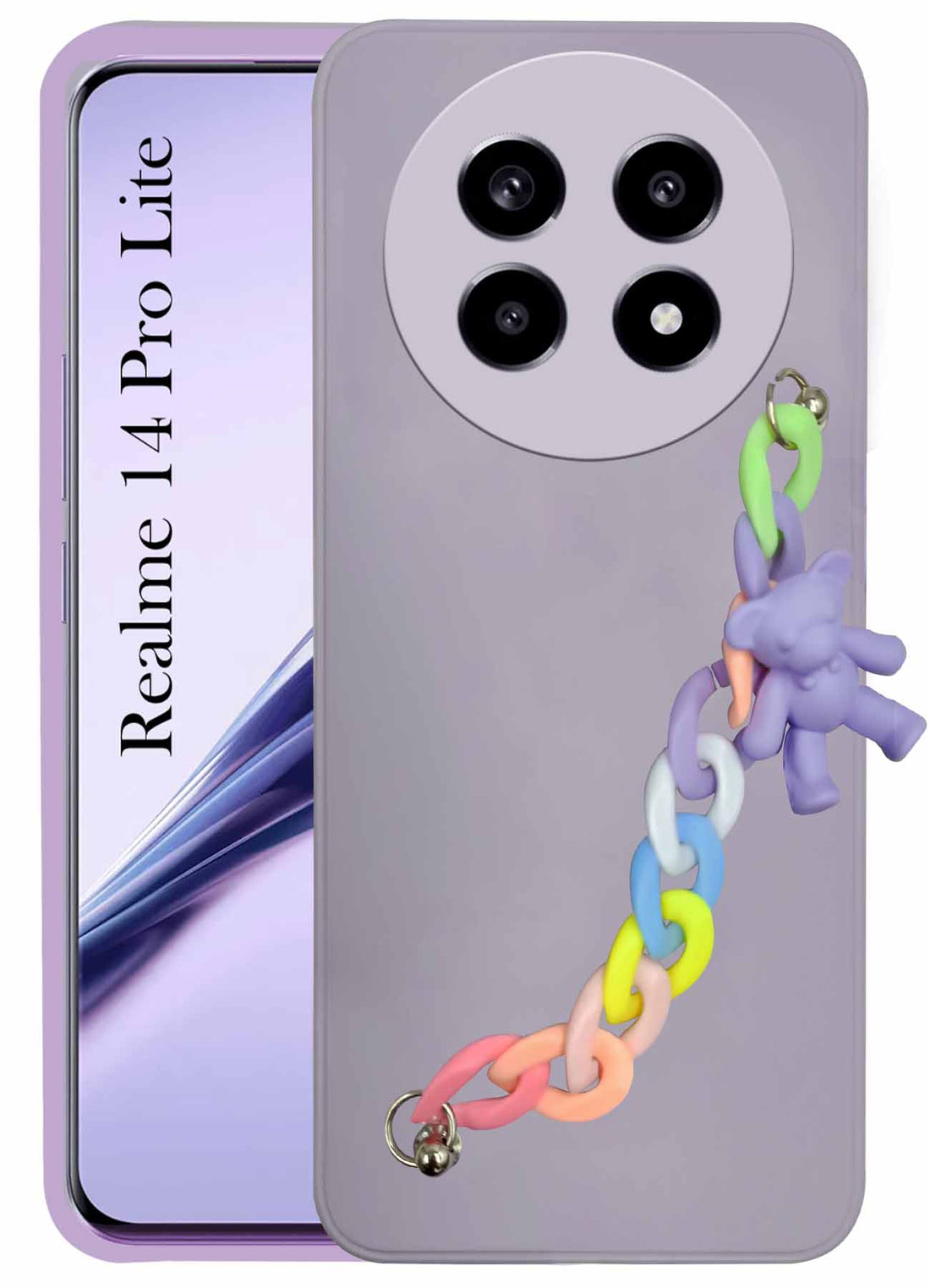 For Realme 14 Pro Lite Back Cover Girls Case with Bracelet (Wrist Hanging Chain | Teddy Toy Cartoon)