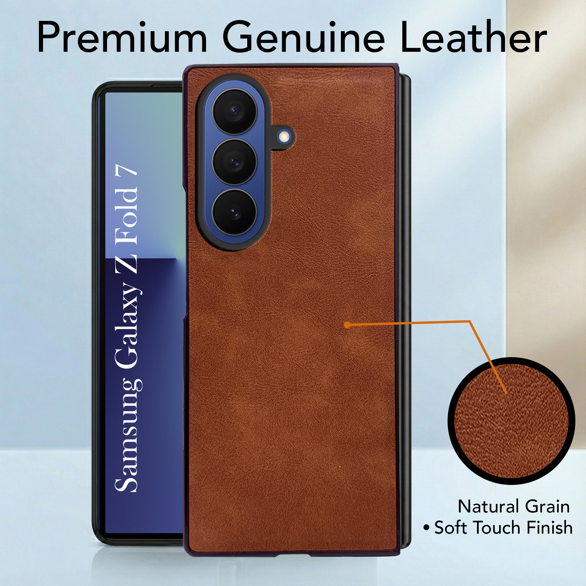 For Samsung Galaxy Z Fold 7 Back Cover Front Glass Leather (Full Body Case | Built-in Screen Protector | Inside Fiber Cloth | Minimalist Professional)