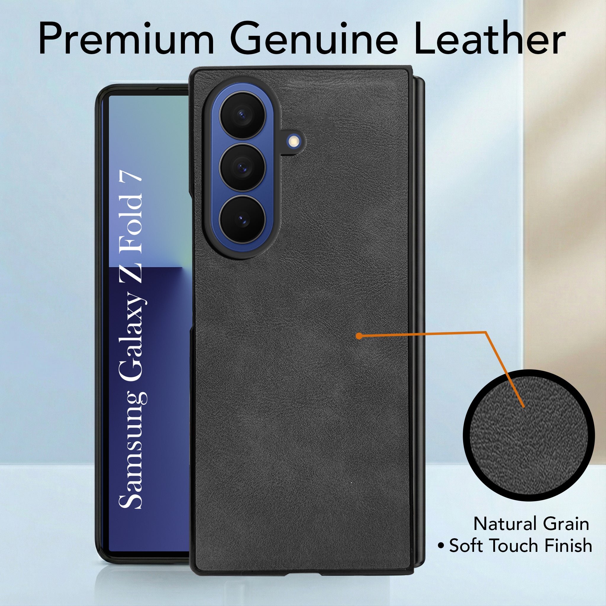 For Samsung Galaxy Z Fold 7 Back Cover Front Glass Leather (Full Body Case | Built-in Screen Protector | Inside Fiber Cloth | Minimalist Professional)
