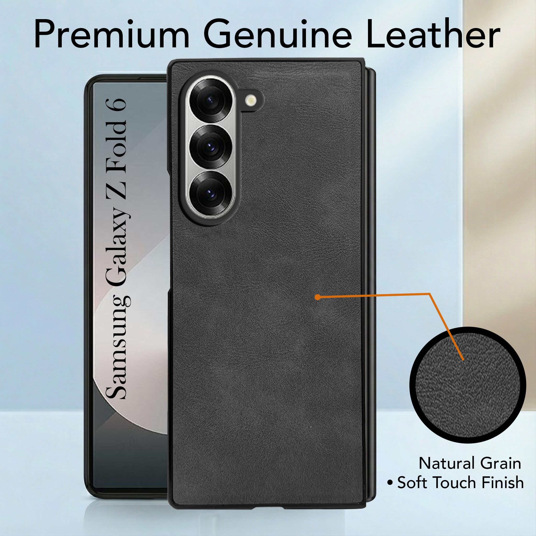 For Samsung Galaxy Z Fold 6 5G Back Cover Front Glass Leather (Full Body Case | Built-in Screen Protector | Inside Fiber Cloth | Minimalist Professional)