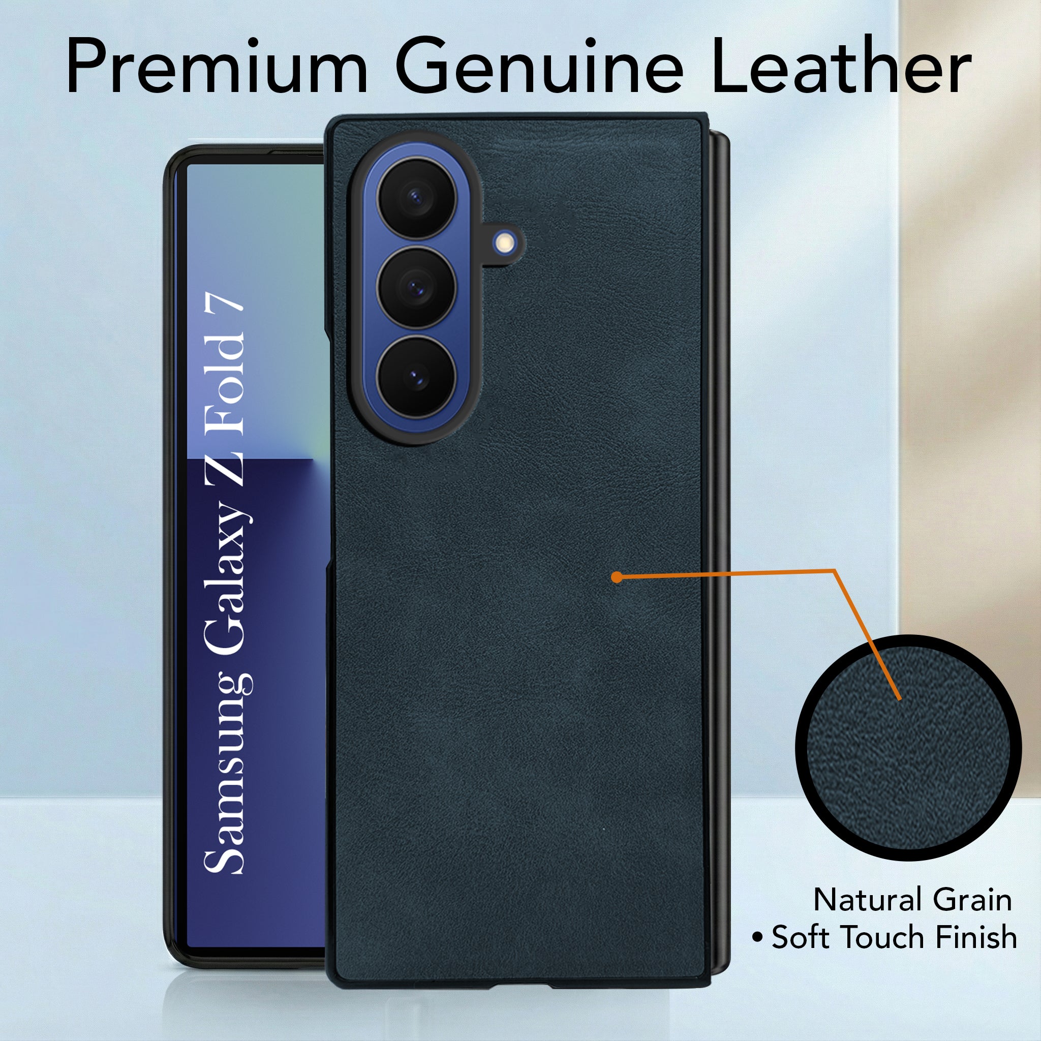 For Samsung Galaxy Z Fold 7 Back Cover Front Glass Leather (Full Body Case | Built-in Screen Protector | Inside Fiber Cloth | Minimalist Professional)