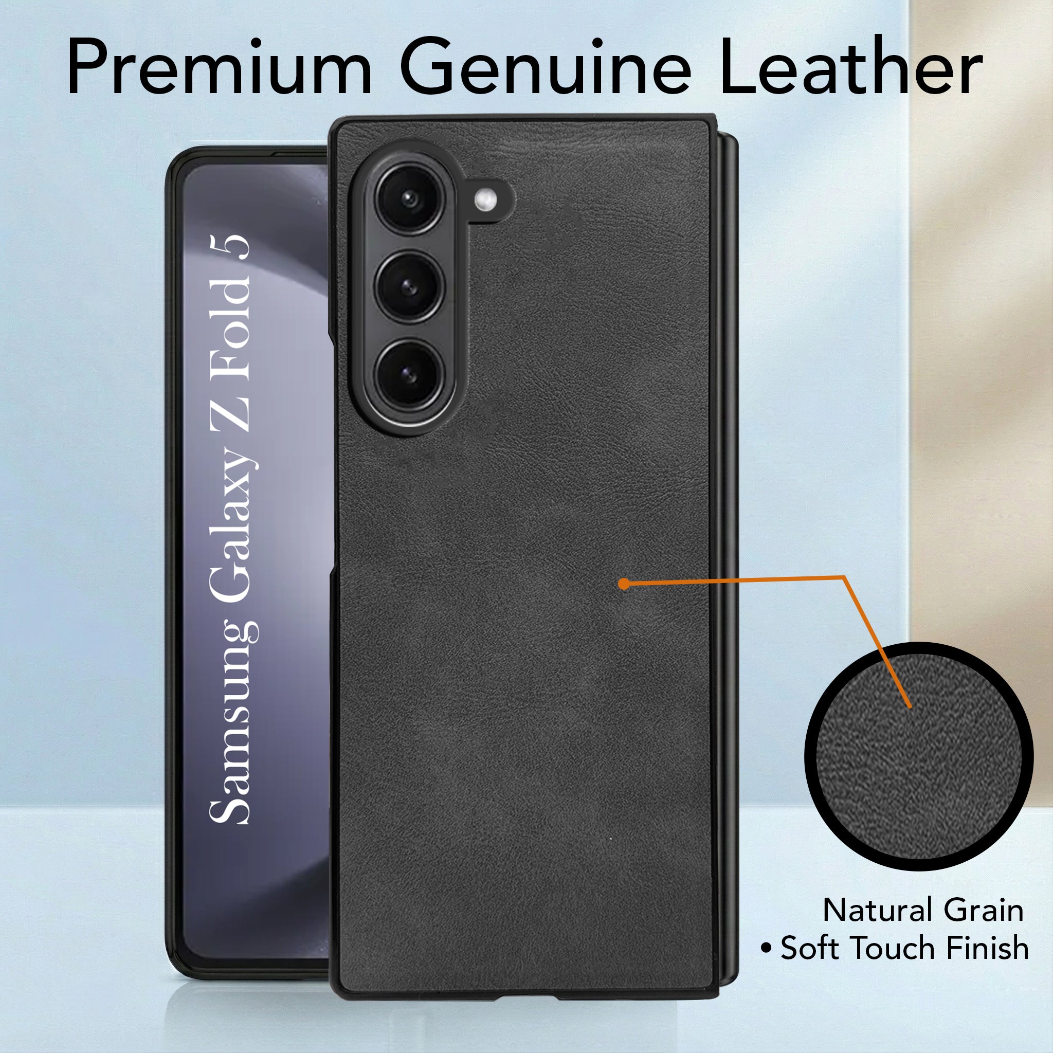 For Samsung Galaxy Z Fold 5 5G Back Cover Front Glass Leather (Full Body Case | Built-in Screen Protector | Inside Fiber Cloth | Minimalist Professional)