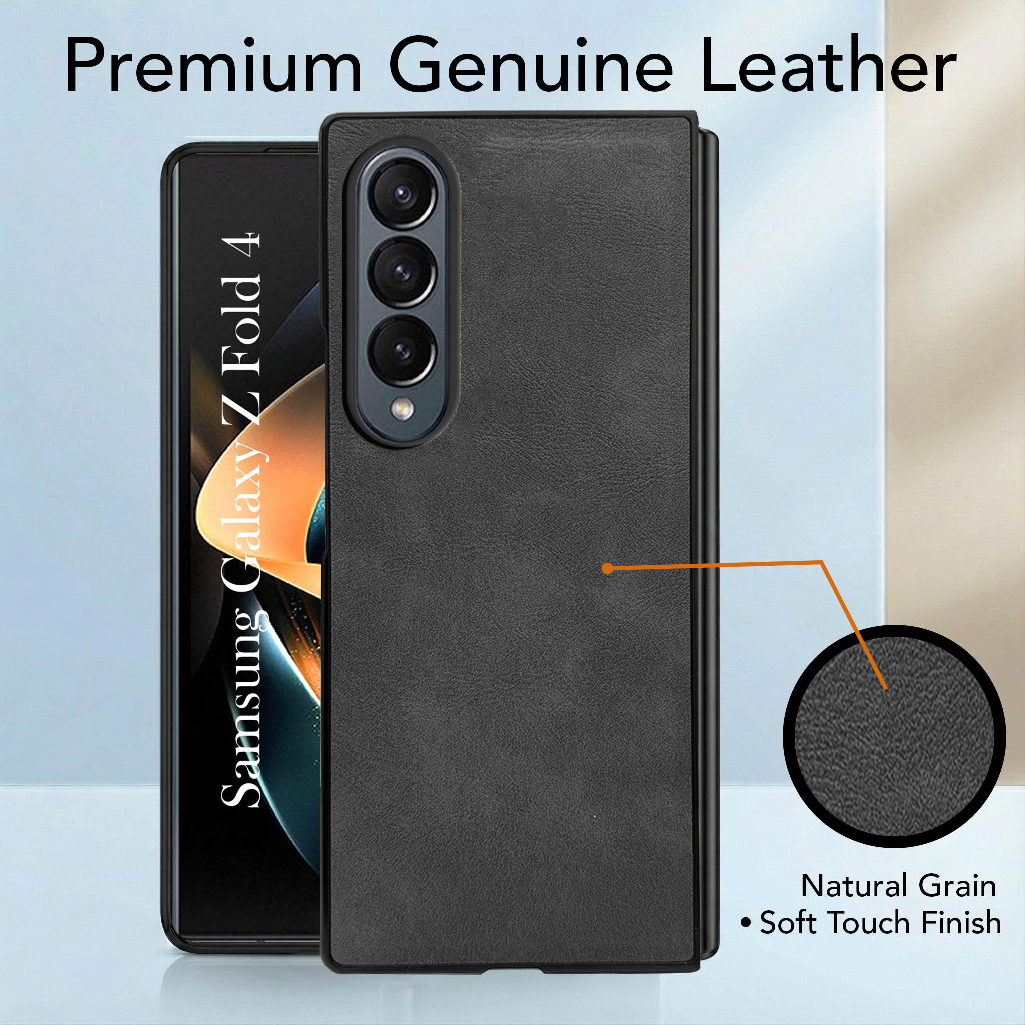 For Samsung Galaxy Z Fold 4 5G Back Cover Front Glass Leather (Full Body Case | Built-in Screen Protector | Inside Fiber Cloth | Minimalist Professional)