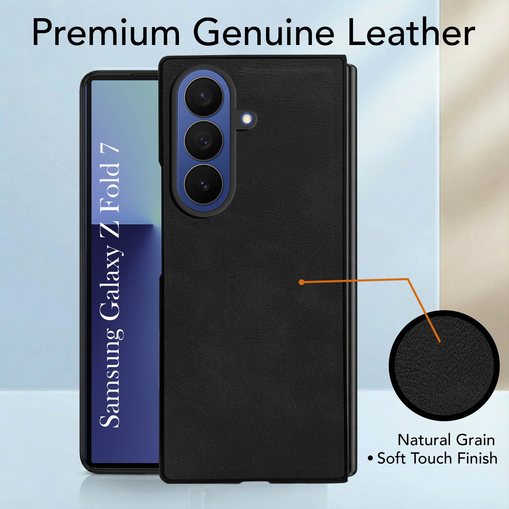 For Samsung Galaxy Z Fold 7 Back Cover Front Glass Leather (Full Body Case | Built-in Screen Protector | Inside Fiber Cloth | Minimalist Professional)
