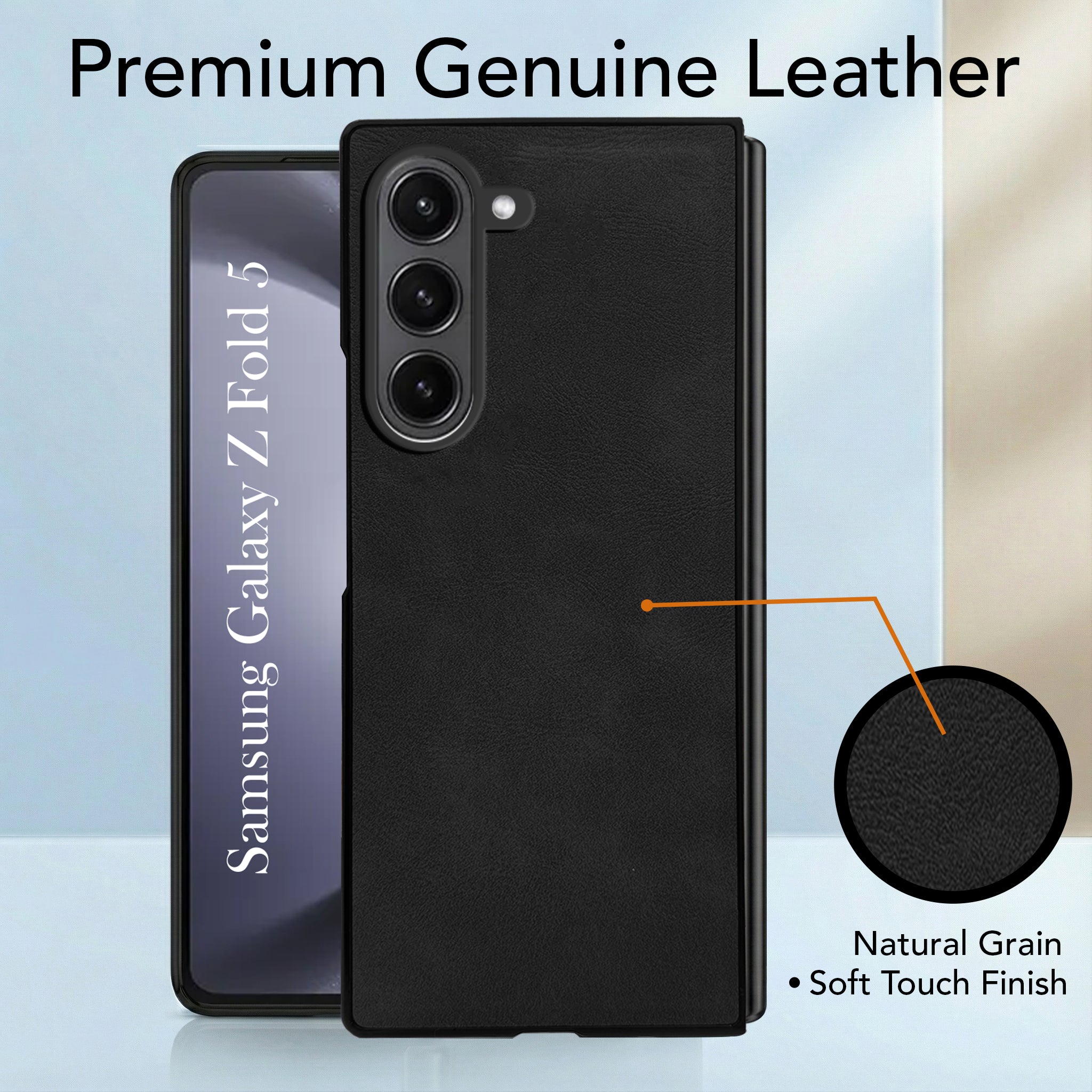 For Samsung Galaxy Z Fold 5 5G Back Cover Front Glass Leather (Full Body Case | Built-in Screen Protector | Inside Fiber Cloth | Minimalist Professional)