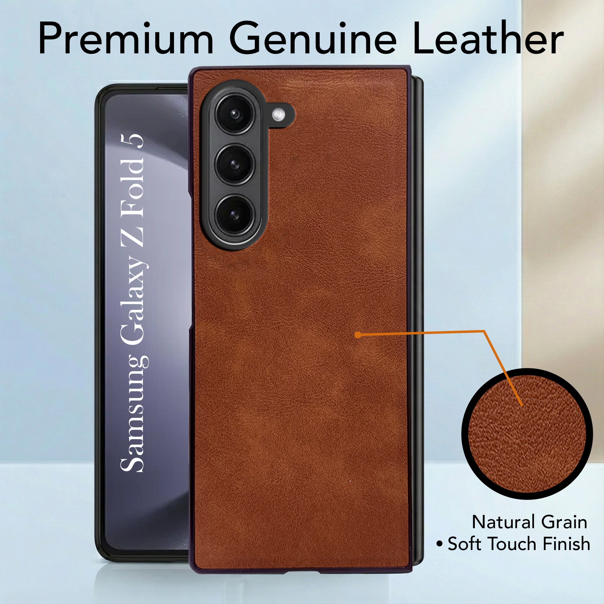 For Samsung Galaxy Z Fold 5 5G Back Cover Front Glass Leather (Full Body Case | Built-in Screen Protector | Inside Fiber Cloth | Minimalist Professional)