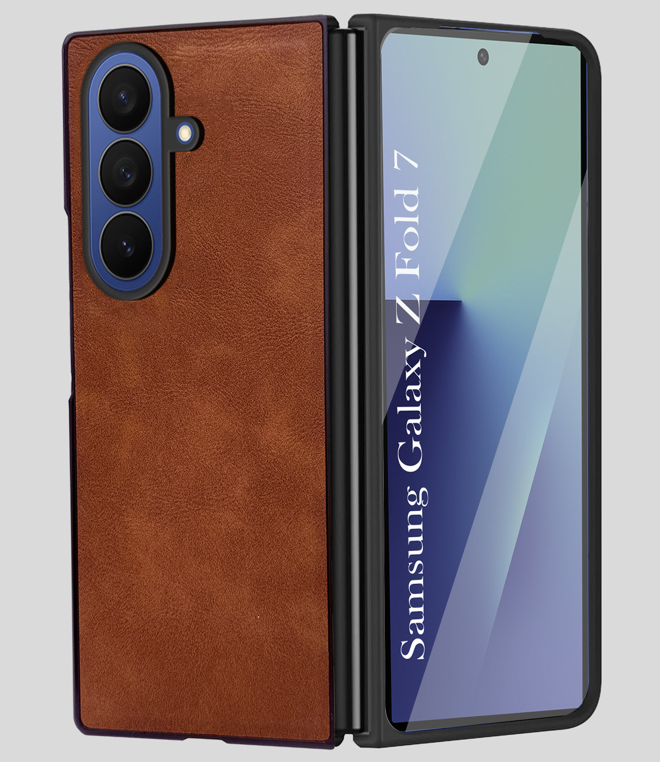For Samsung Galaxy Z Fold 7 Back Cover Front Glass Leather (Full Body Case | Built-in Screen Protector | Inside Fiber Cloth | Minimalist Professional)