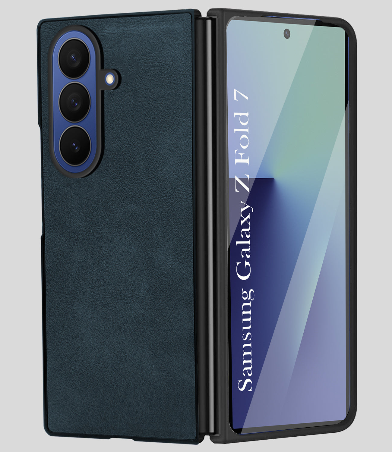 For Samsung Galaxy Z Fold 7 Back Cover Front Glass Leather (Full Body Case | Built-in Screen Protector | Inside Fiber Cloth | Minimalist Professional)