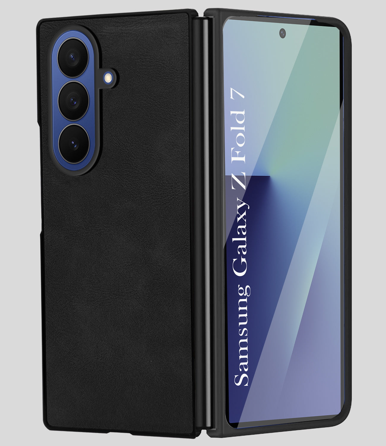 For Samsung Galaxy Z Fold 7 Back Cover Front Glass Leather (Full Body Case | Built-in Screen Protector | Inside Fiber Cloth | Minimalist Professional)