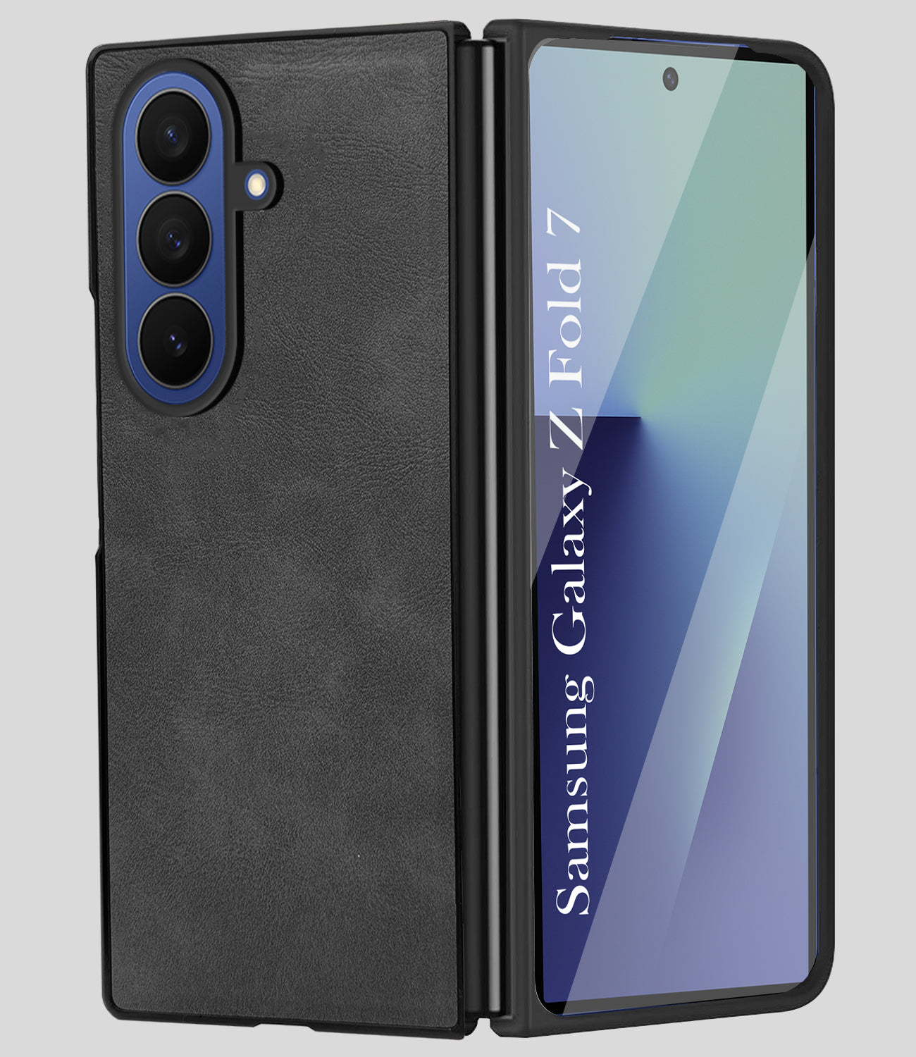 For Samsung Galaxy Z Fold 7 Back Cover Front Glass Leather (Full Body Case | Built-in Screen Protector | Inside Fiber Cloth | Minimalist Professional)