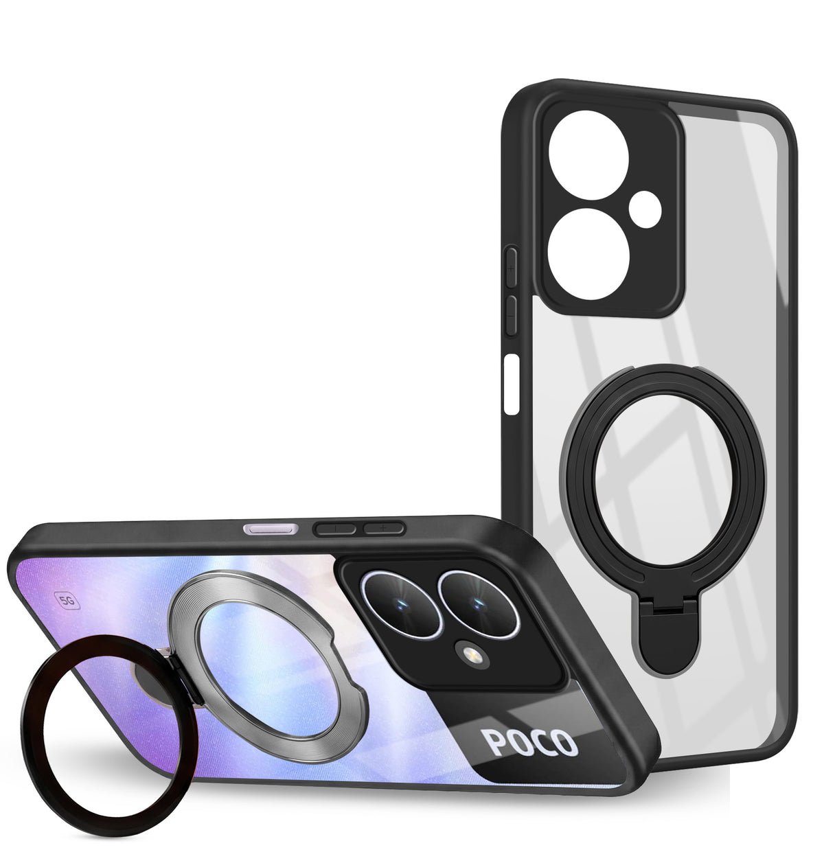 For Poco M6 5G Back Cover Case (Kick Stand Ring Holder | Life time Anti Yellow | Camera Protection)