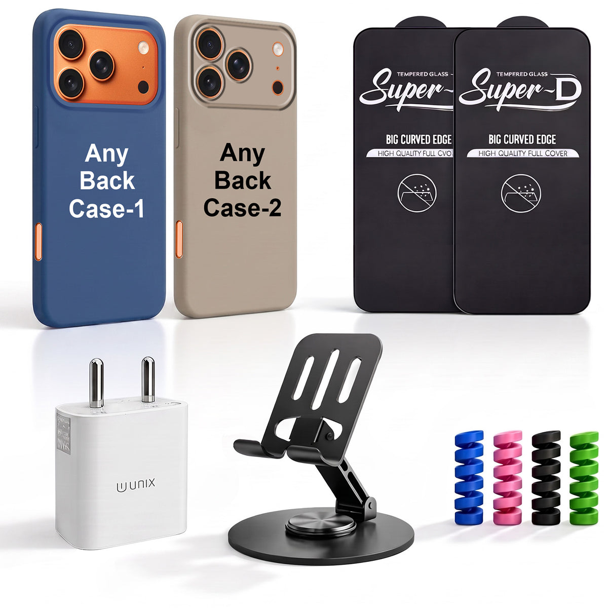 Complete Mobile Care Kit (Get Any 2 Cases+2 Tempered Glass+25W Charger Adapter+Metallic Mobile Stand+Cable Protector)